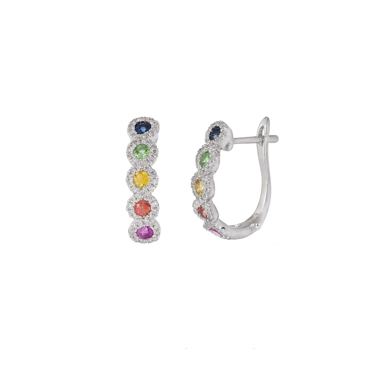 14KT White Gold Multi Color Sapphire And Diamond Huggie Earrings