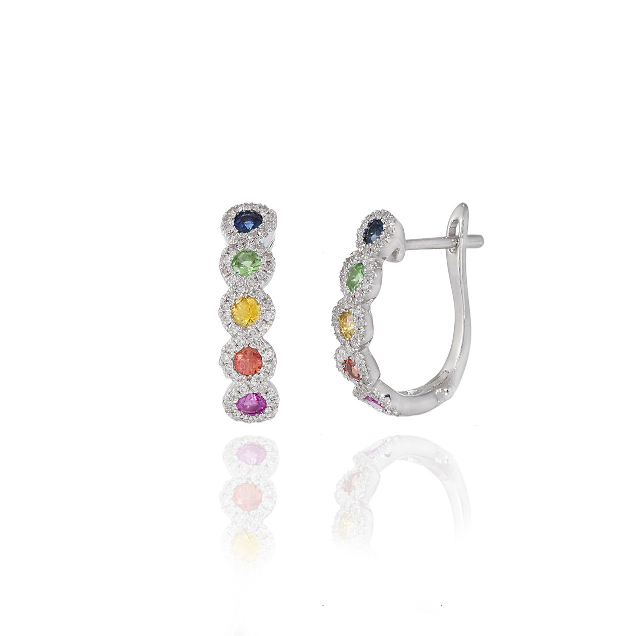 14KT White Gold Multi Color Sapphire And Diamond Huggie Earrings