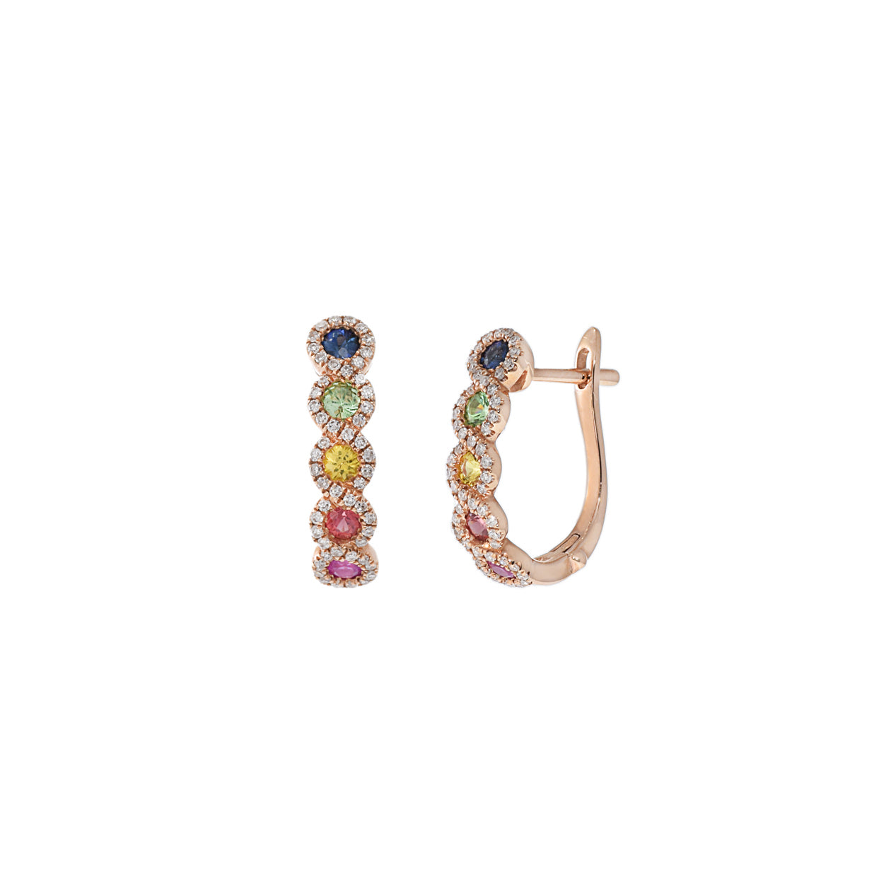 14KT Rose Gold Multi Color Sapphire And Diamond Huggie Earrings