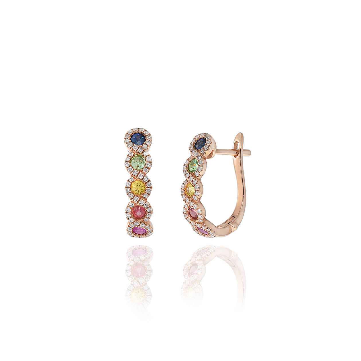 14KT Rose Gold Multi Color Sapphire And Diamond Huggie Earrings