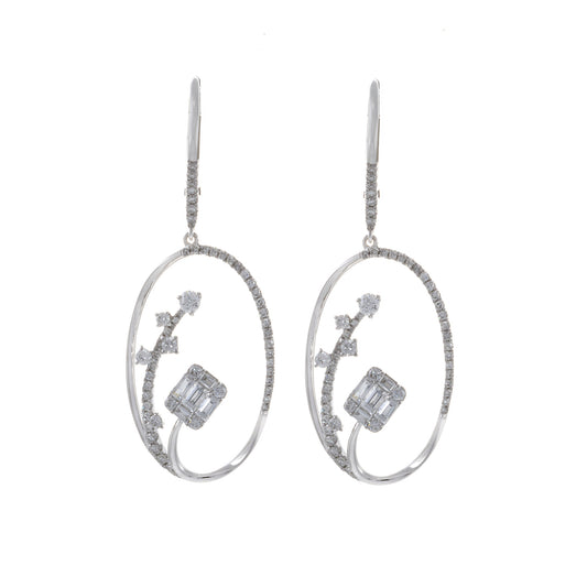 14KT White Gold Round And Baguette Oval Drop Earrings