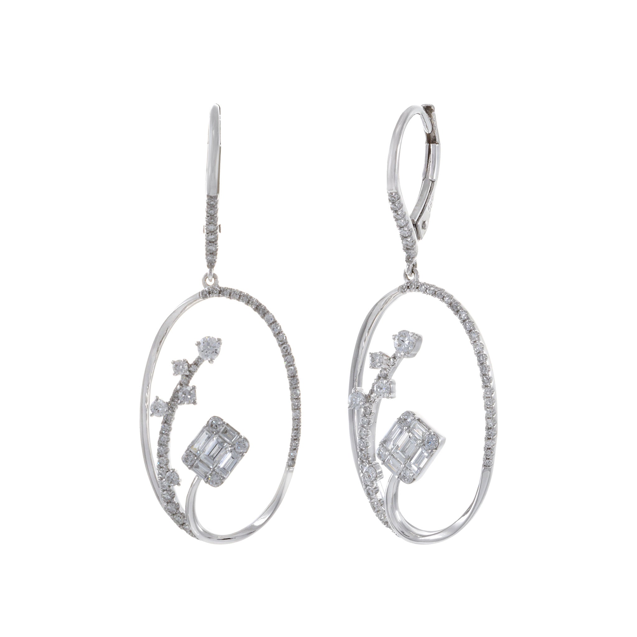 14KT White Gold Round And Baguette Oval Drop Earrings