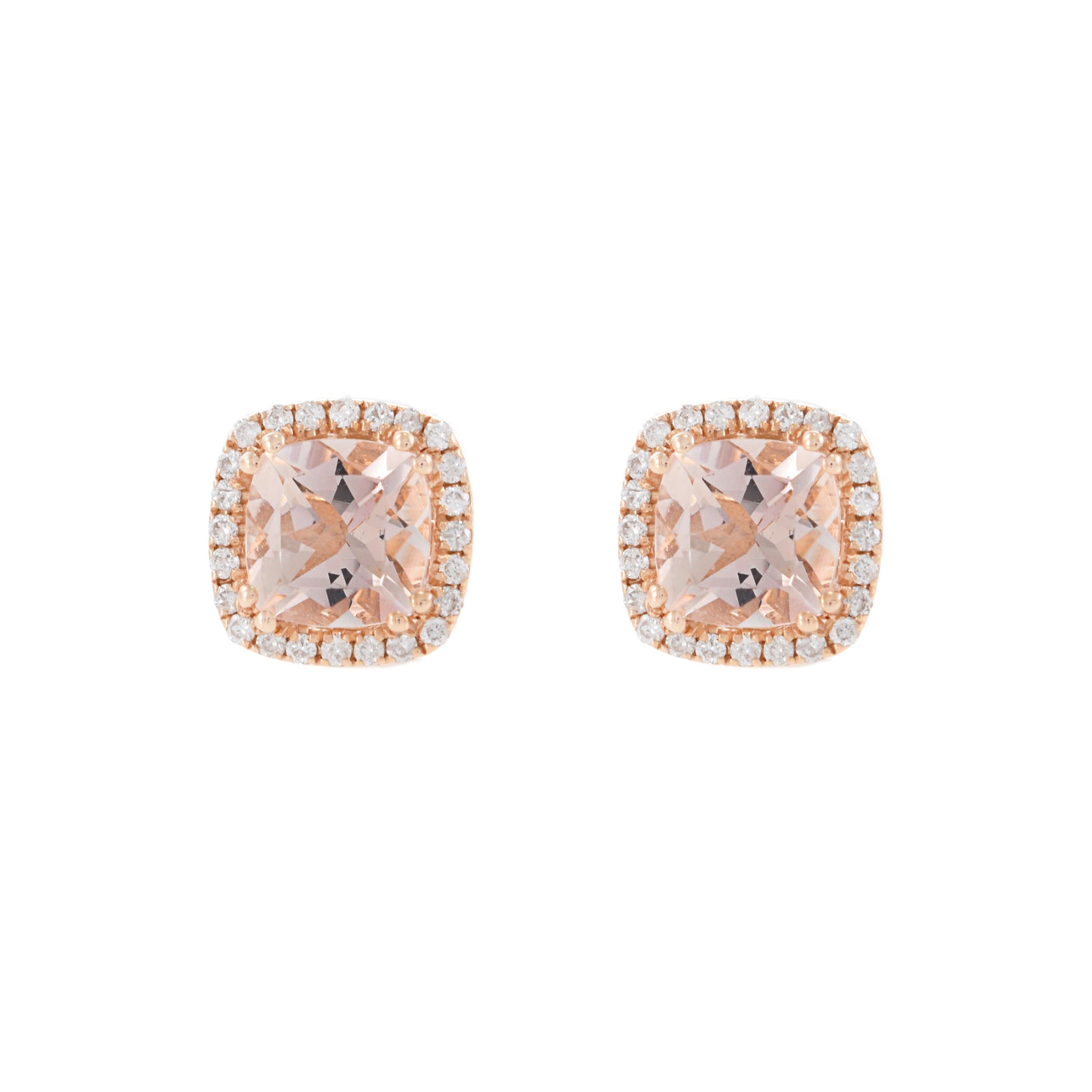 14KT Rose Gold Cushion Cut Morganite and Diamond Halo Earrings