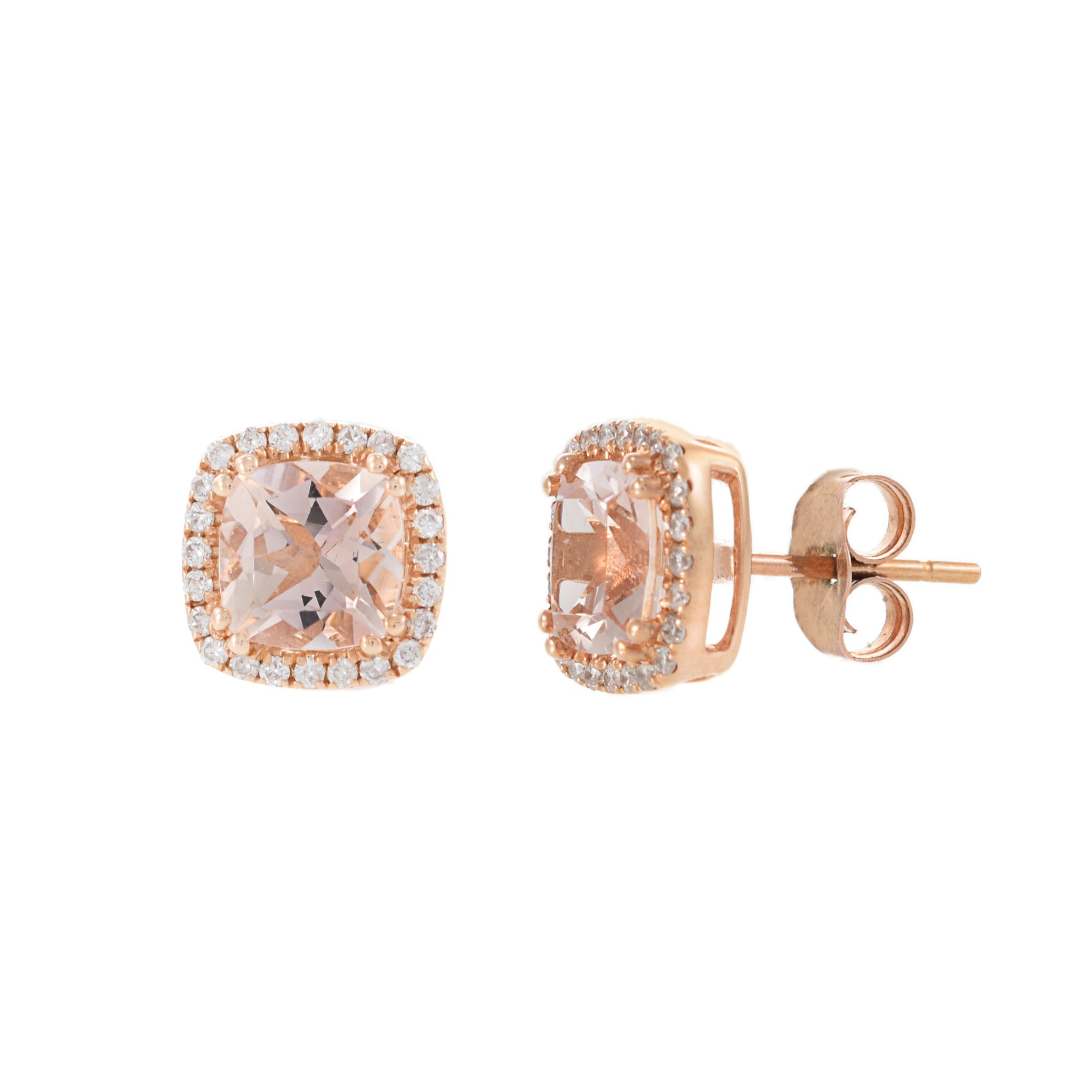 14KT Rose Gold Cushion Cut Morganite and Diamond Halo Earrings