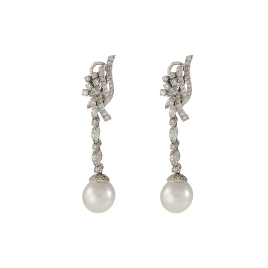 Vintage 14KT White Gold Diamond And South Sea Pearl Earrings