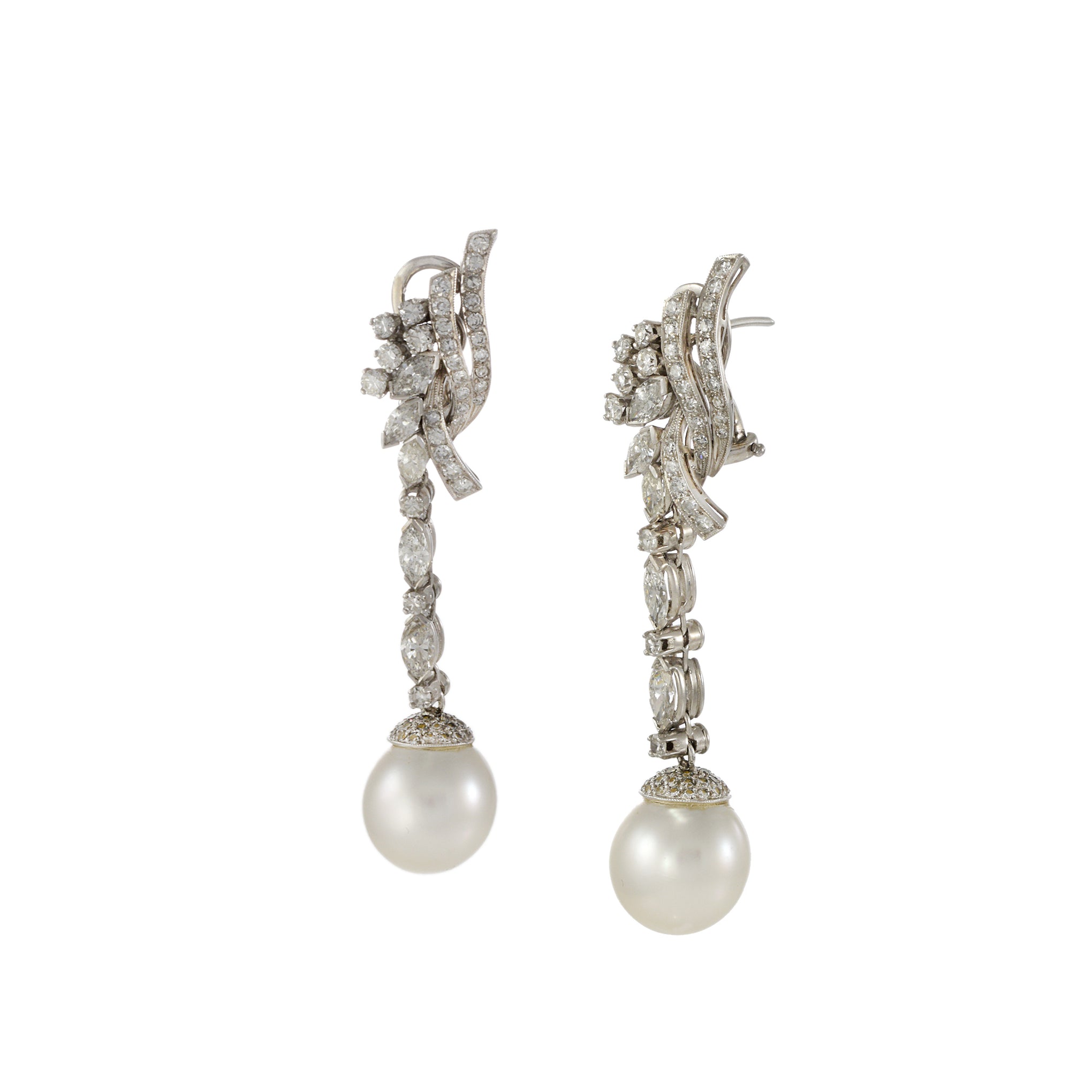 Vintage 14KT White Gold Diamond And South Sea Pearl Earrings