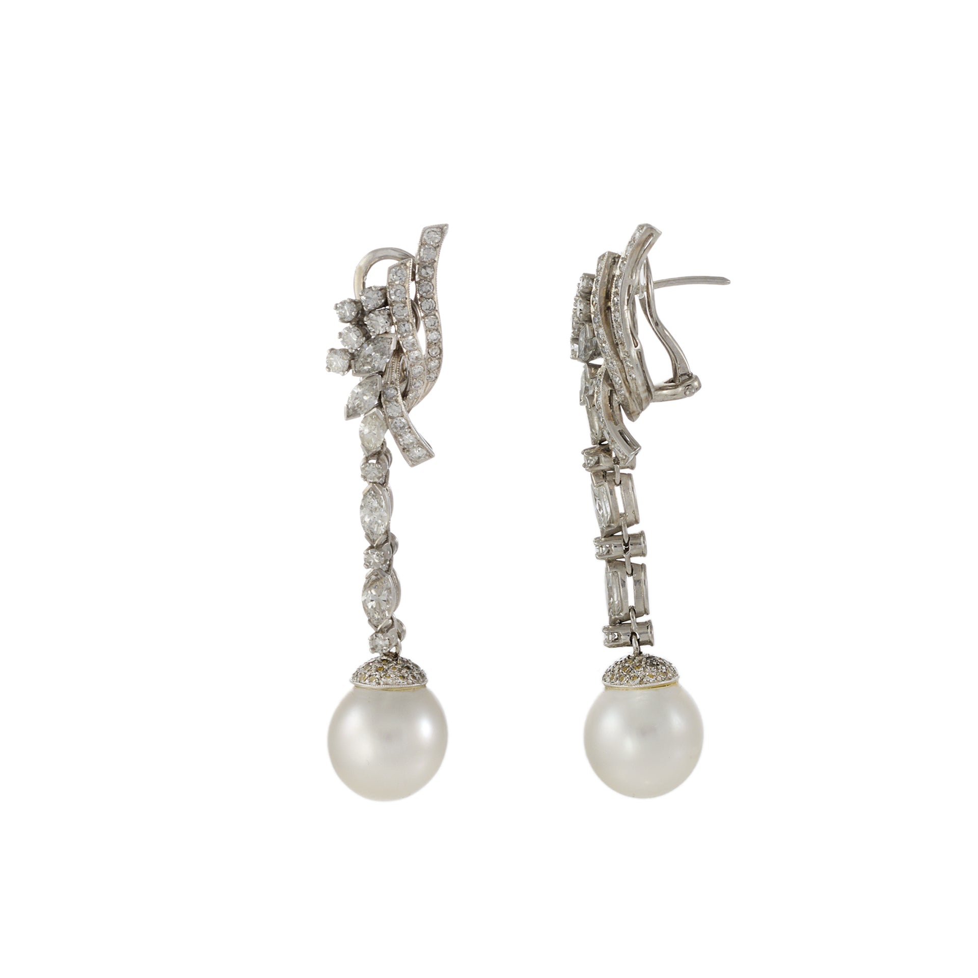 Vintage 14KT White Gold Diamond And South Sea Pearl Earrings