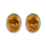 Vintage 14KT Yellow Gold Large Oval Citrine and Diamond Earrings.