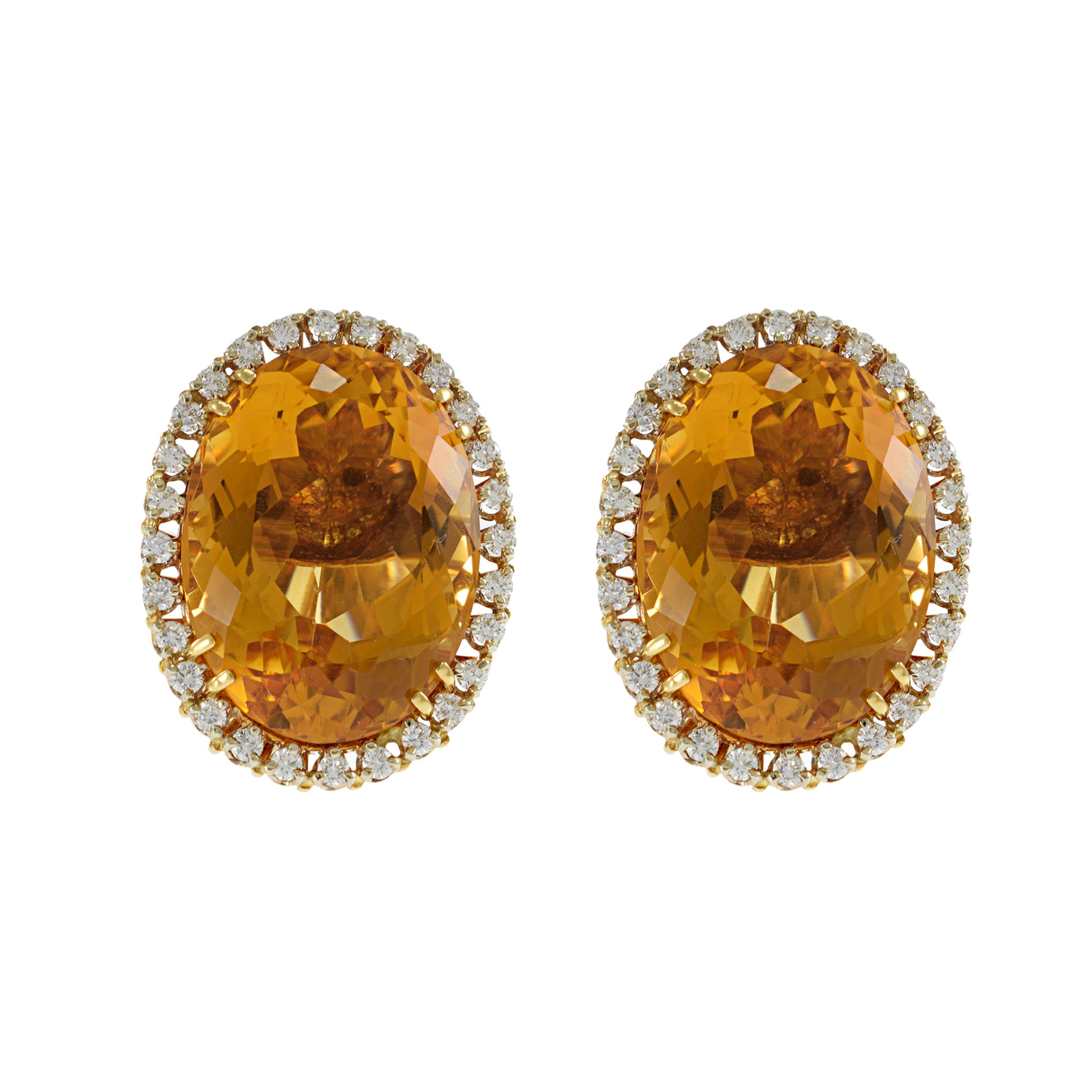 Vintage 14KT Yellow Gold Large Oval Citrine and Diamond Earrings.