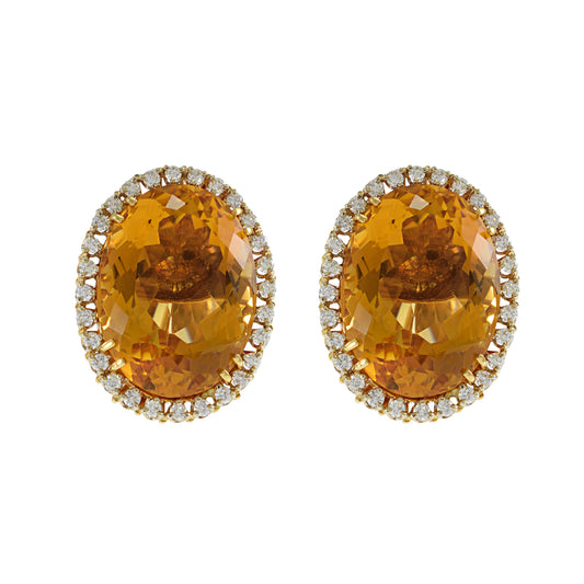 Vintage 14KT Yellow Gold Large Oval Citrine and Diamond Earrings.