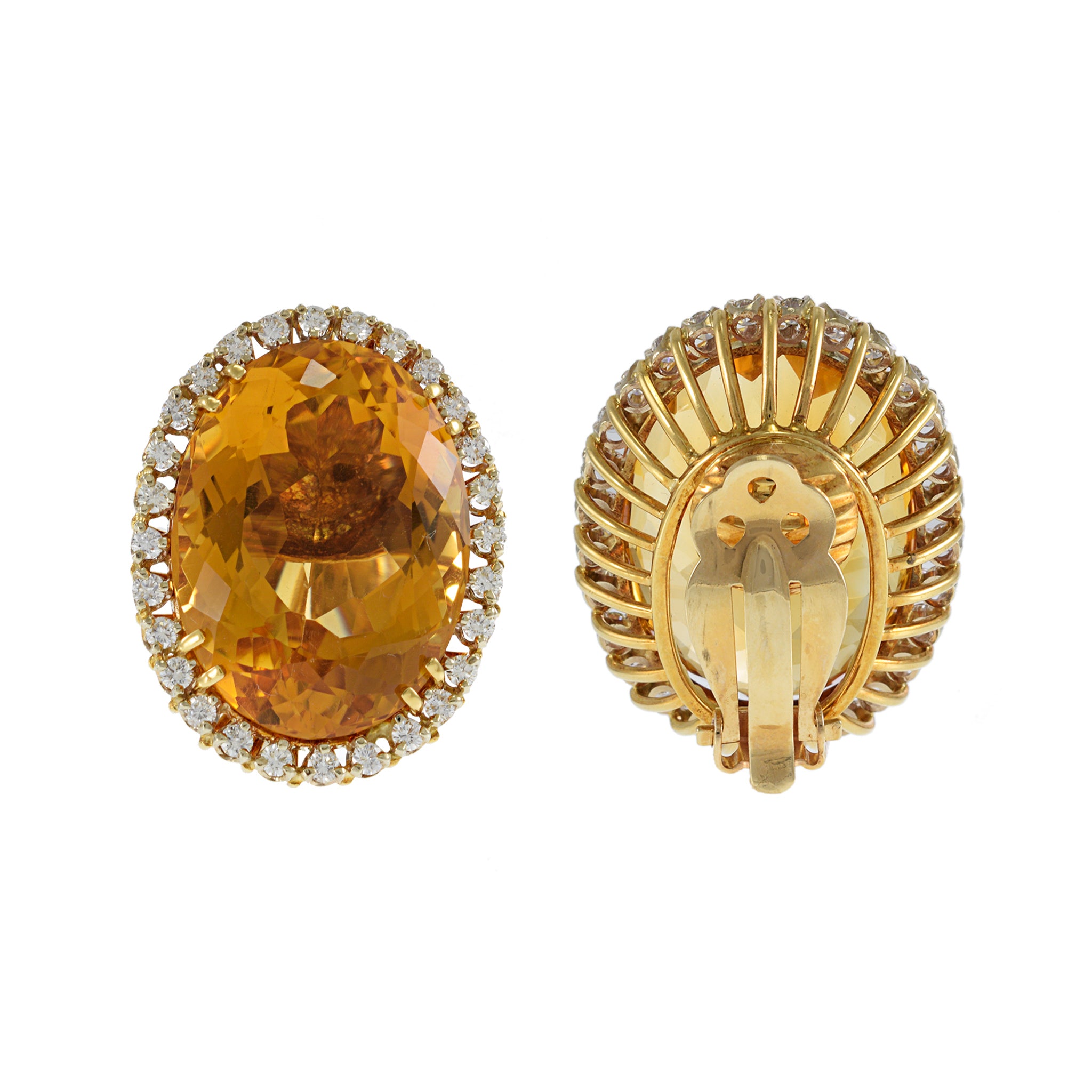 Vintage 14KT Yellow Gold Large Oval Citrine and Diamond Earrings.