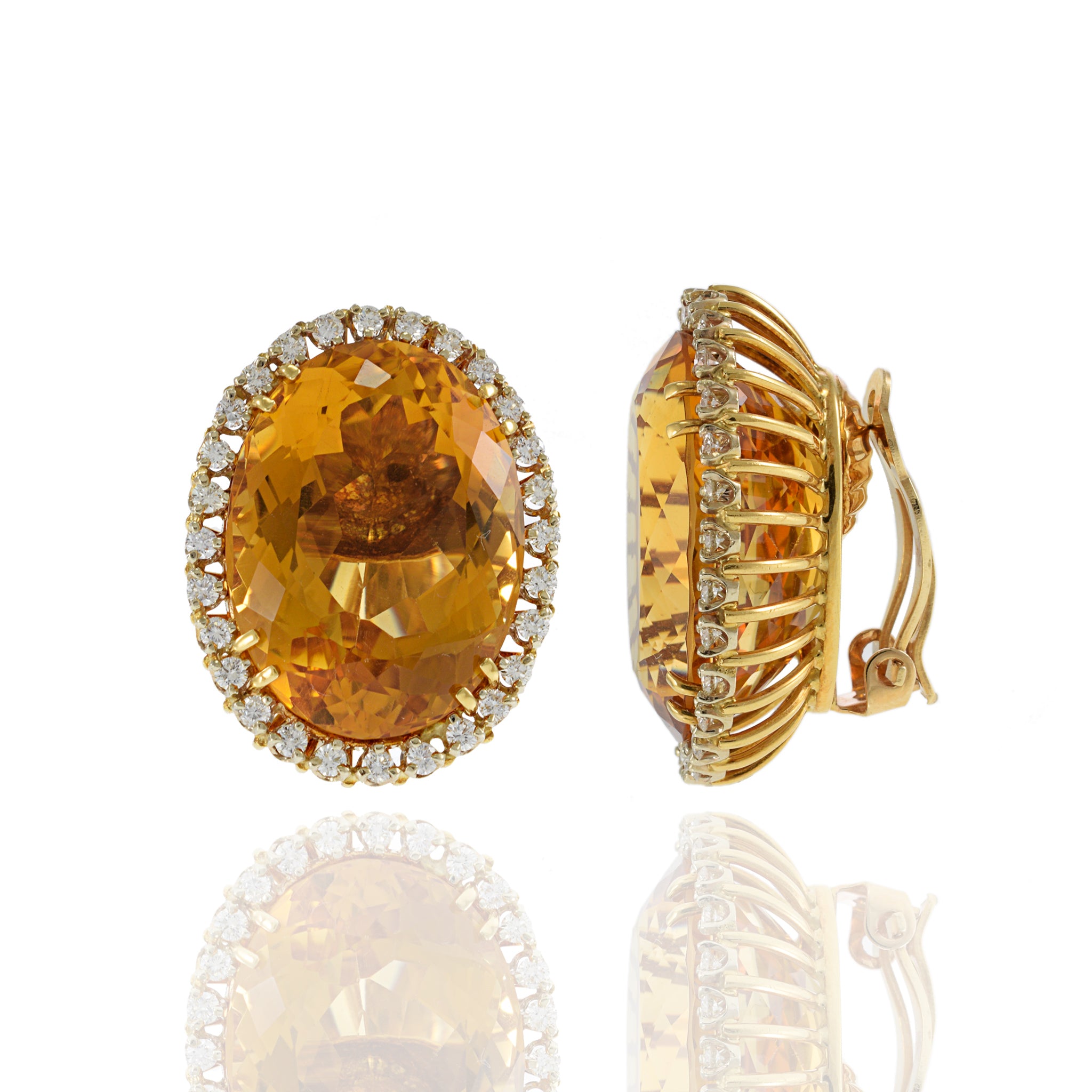 Vintage 14KT Yellow Gold Large Oval Citrine and Diamond Earrings.