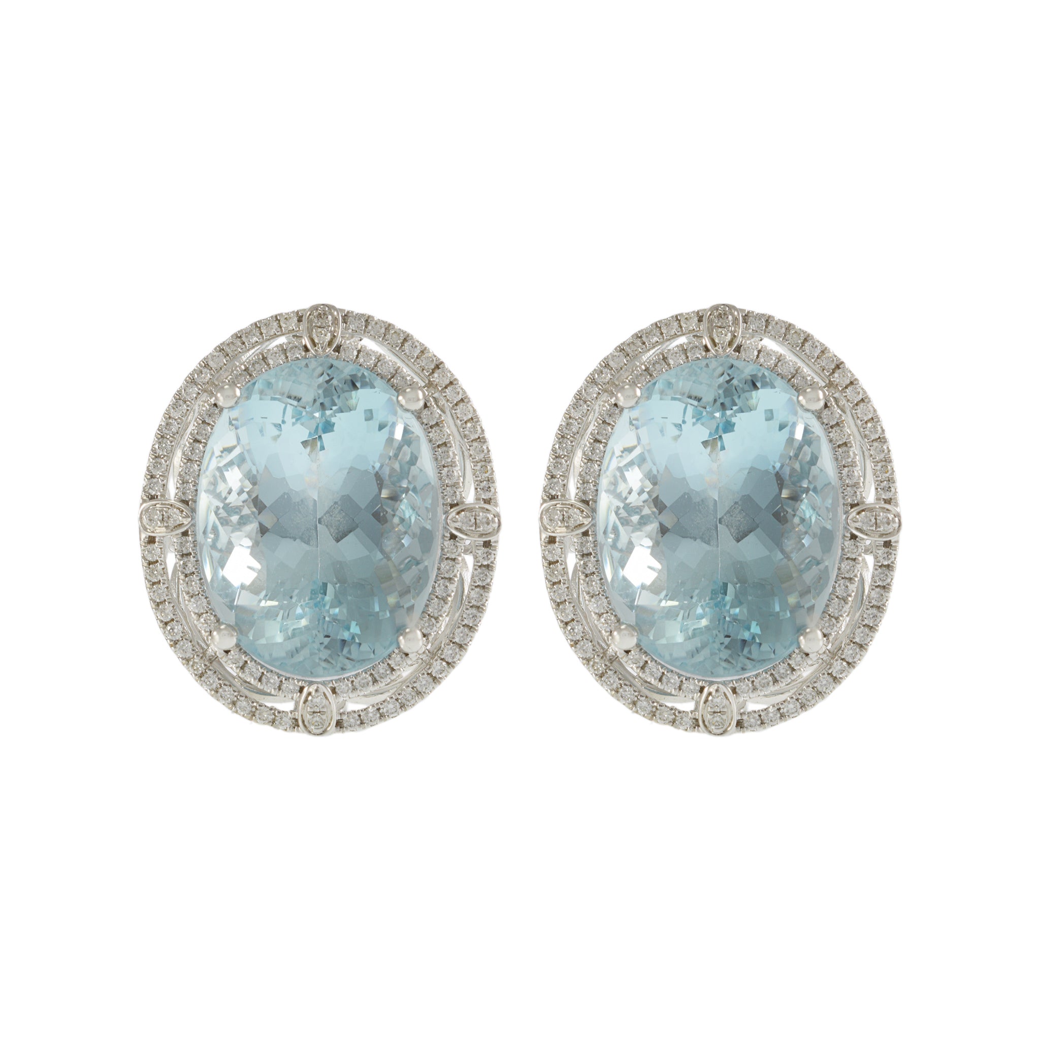 14KT White Gold and Round Cut Diamond Oval Aquamarine Earrings