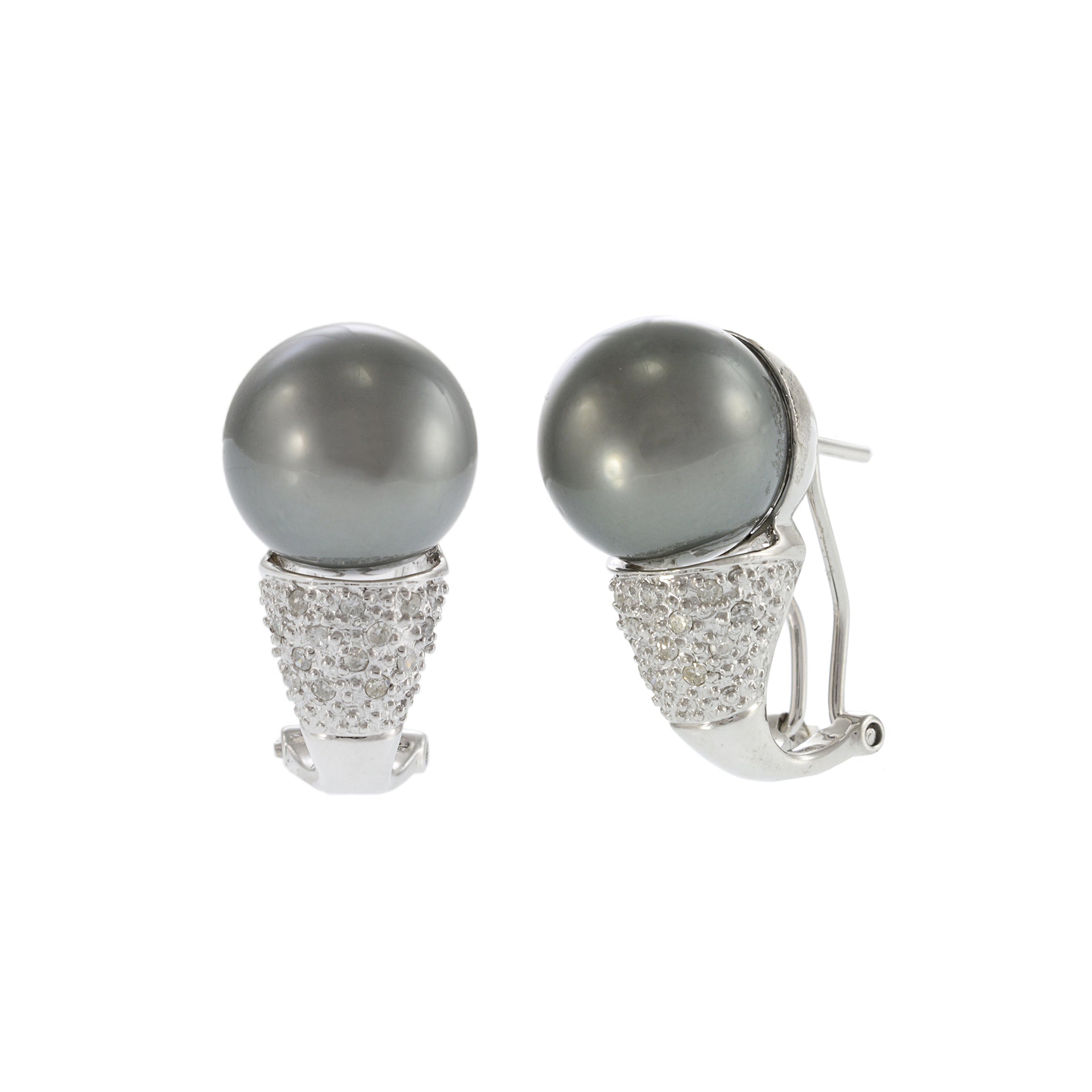 14KT White Gold Tahitian South Sea Pearl and Diamond Huggie Earrings