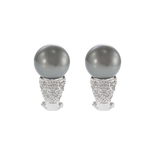 14KT White Gold Tahitian South Sea Pearl and Diamond Huggie Earrings