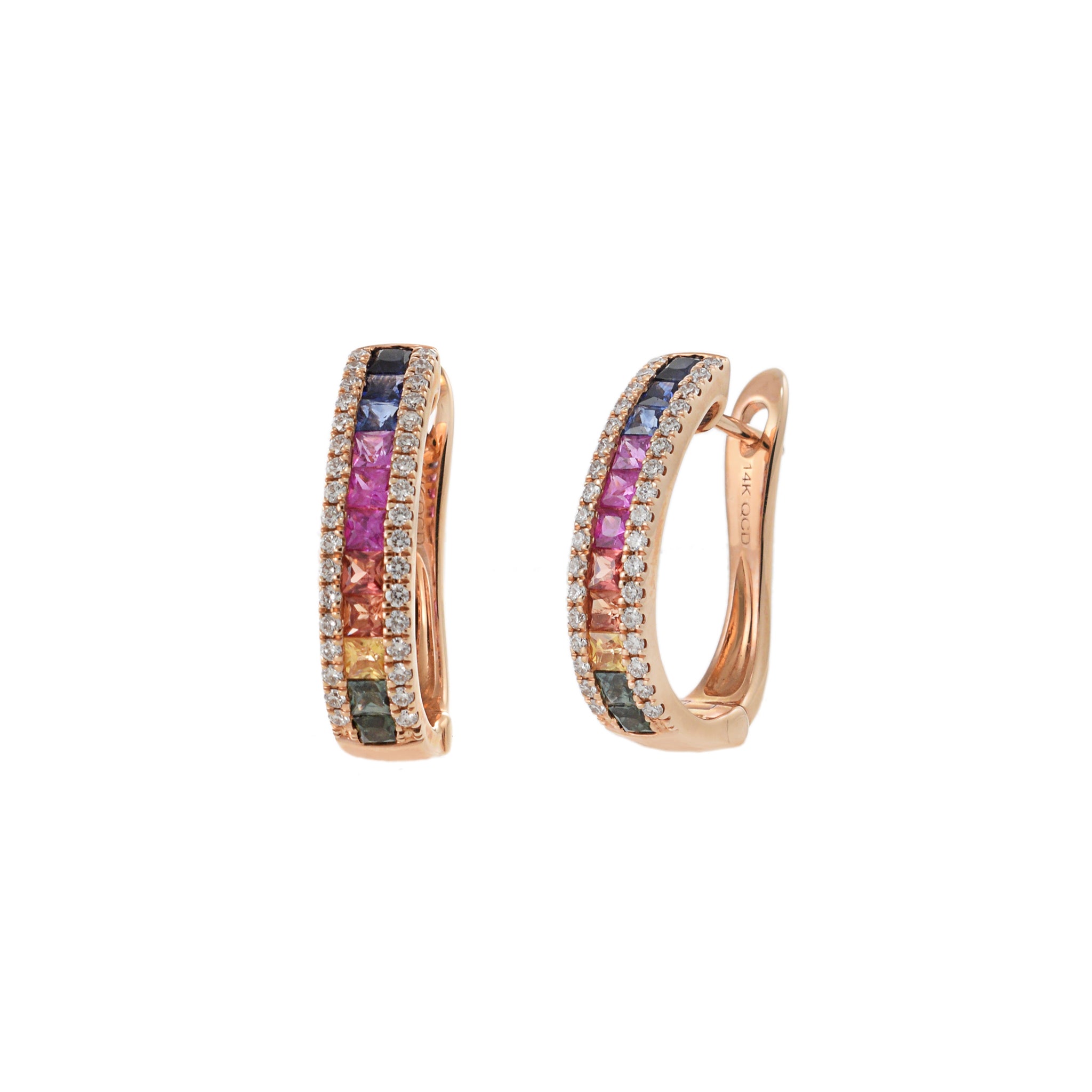 14KT Rose Gold Multi-Colored Sapphire and Diamond Earrings