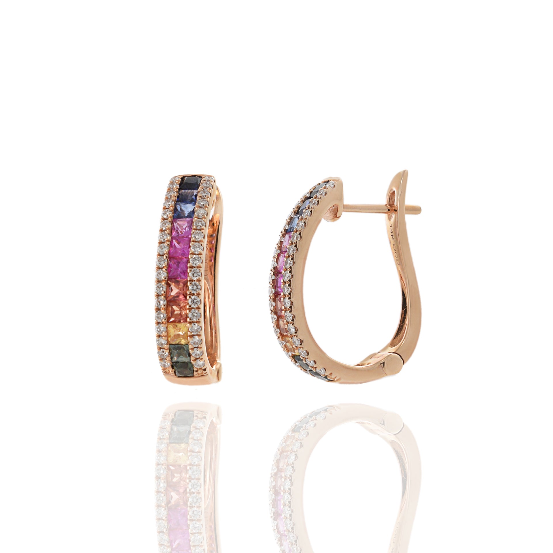 14KT Rose Gold Multi-Colored Sapphire and Diamond Earrings