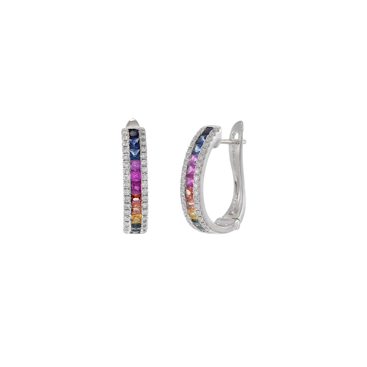 14KT Multi Color Sapphire And Diamond Huggie Earrings