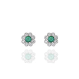 14KT White Gold Emerald And Diamond Flower Earrings