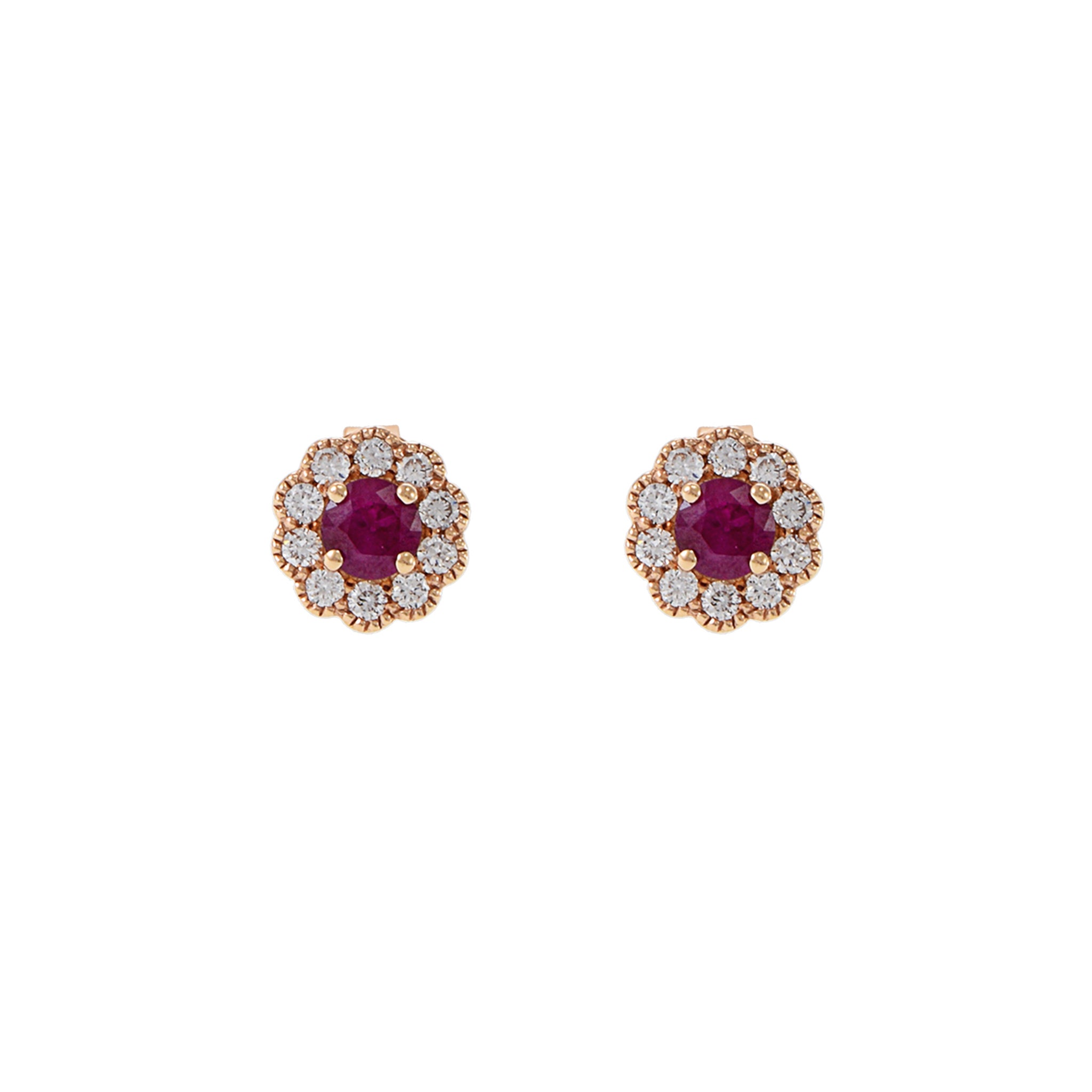 14KT Rose Gold Ruby And Diamond Flower Earrings