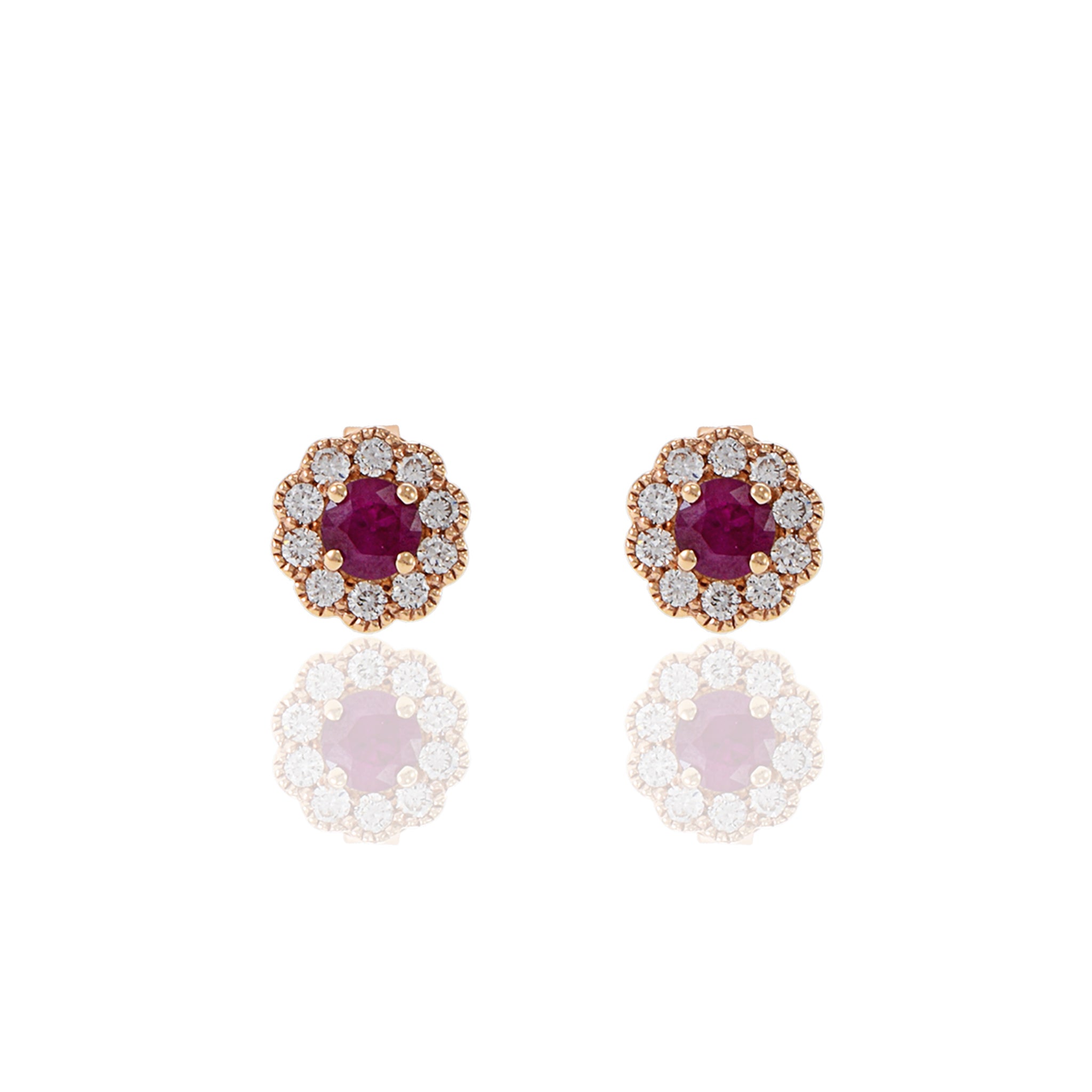 14KT Rose Gold Ruby And Diamond Flower Earrings