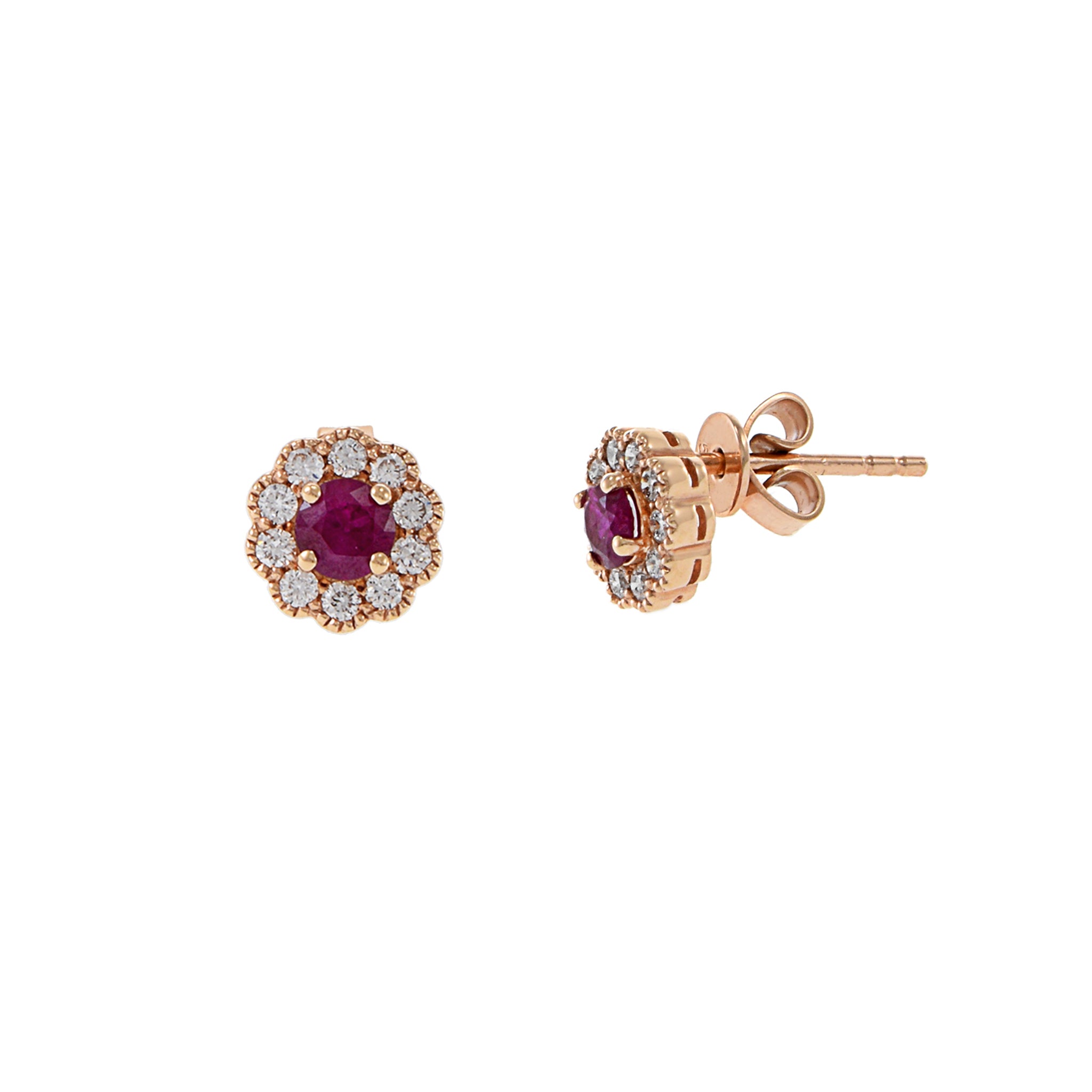 14KT Rose Gold Ruby And Diamond Flower Earrings