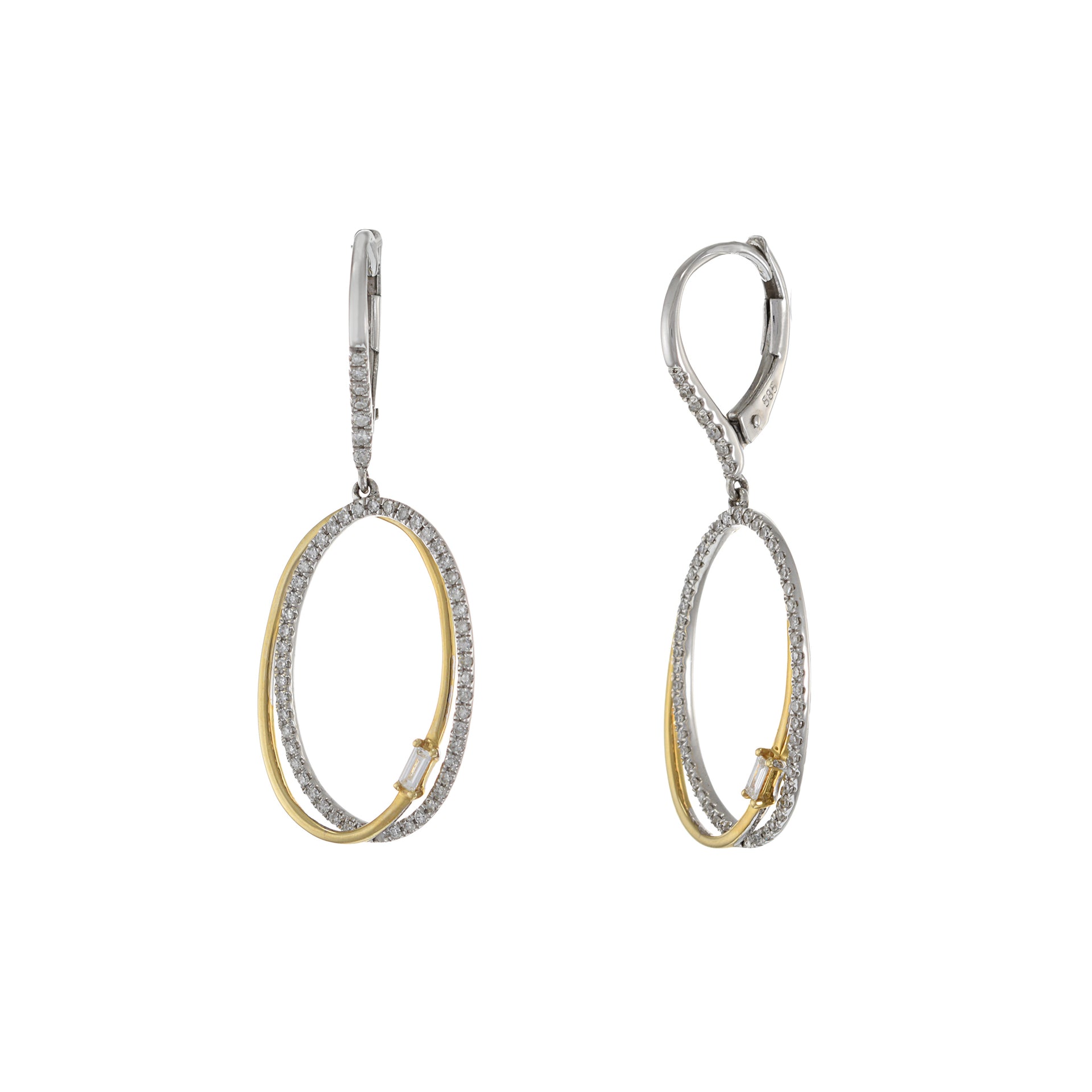 14KT Yellow Gold Double Oval Drop Diamond Earrings