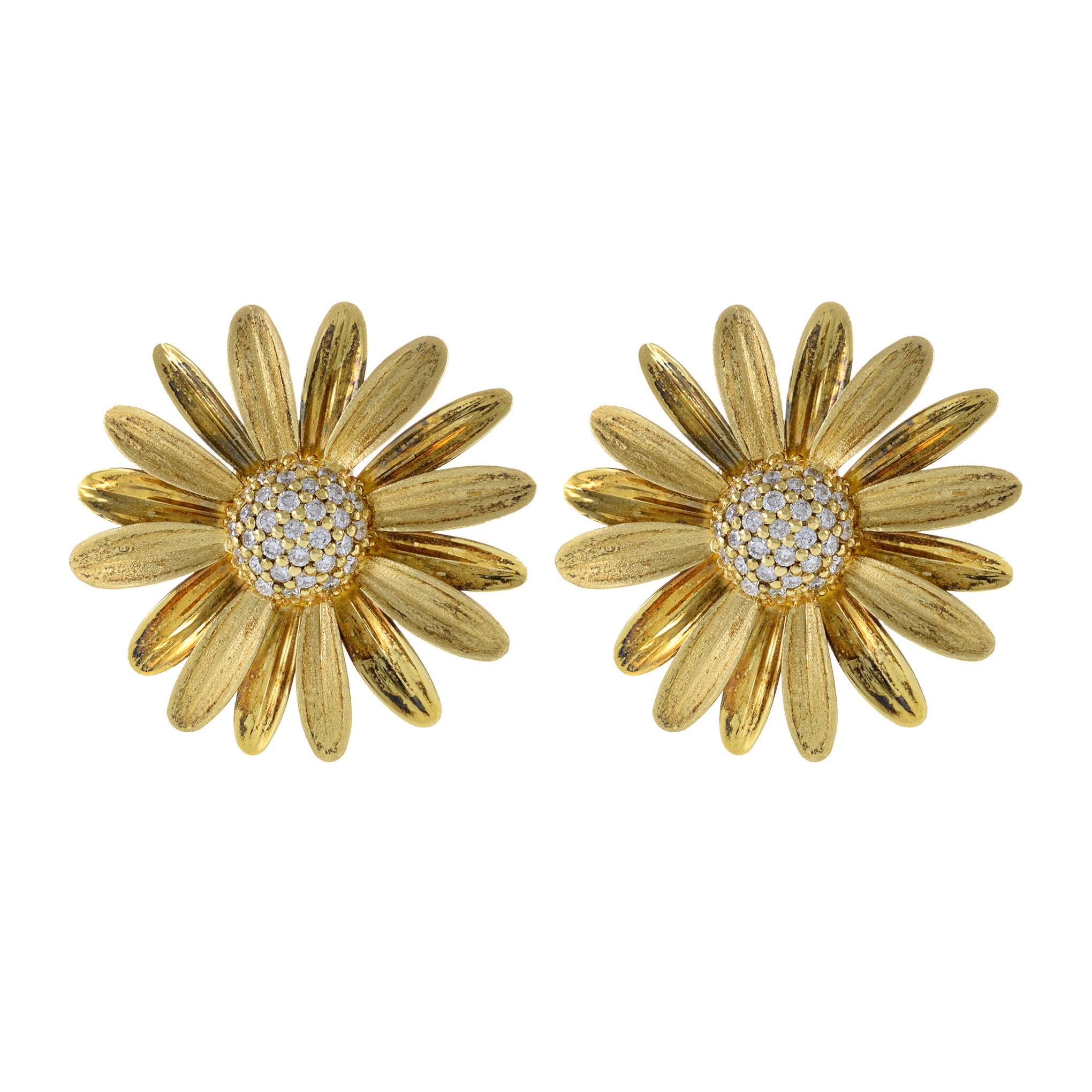 Vintage 14KT Yellow Gold Daisy Flower Diamond Earrings