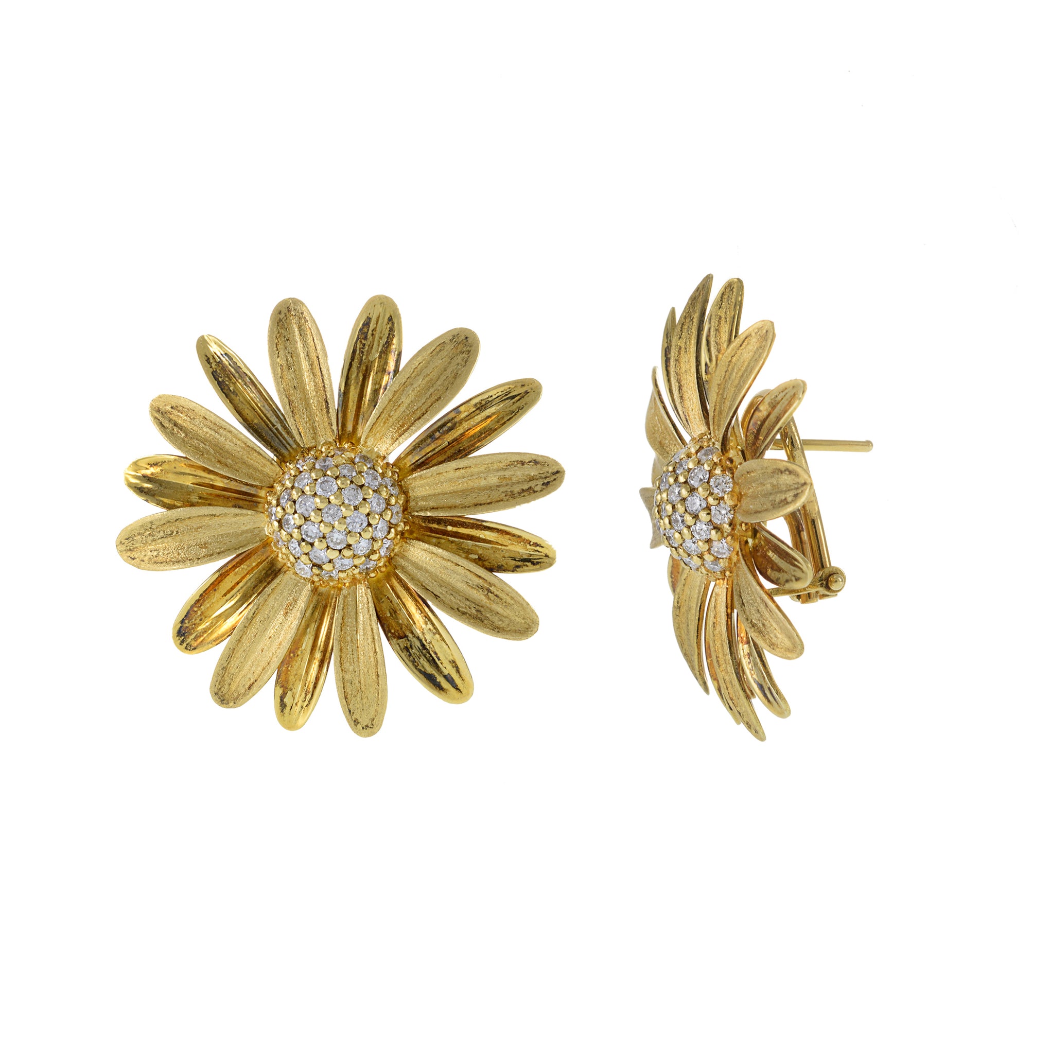 Vintage 14KT Yellow Gold Daisy Flower Diamond Earrings