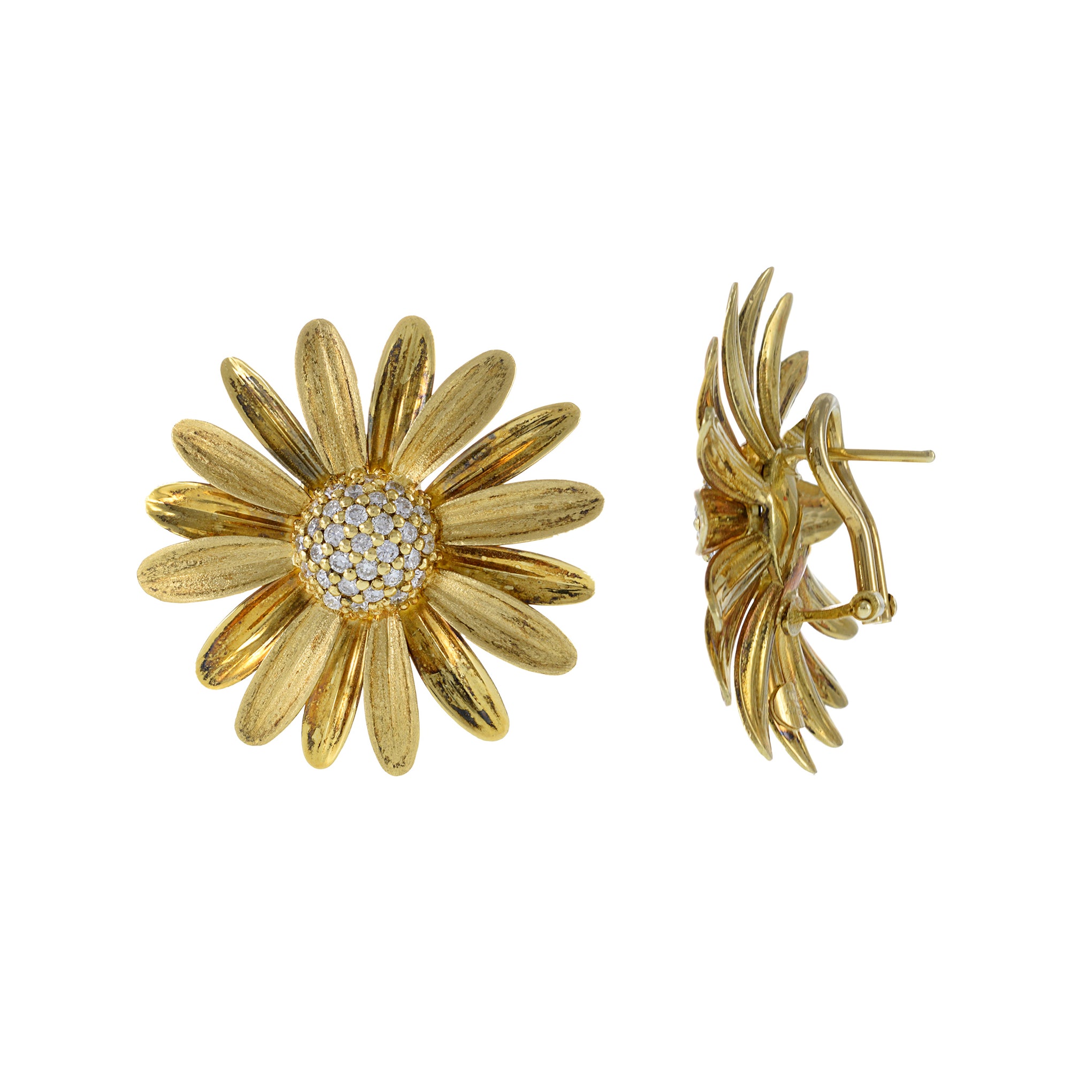 Vintage 14KT Yellow Gold Daisy Flower Diamond Earrings