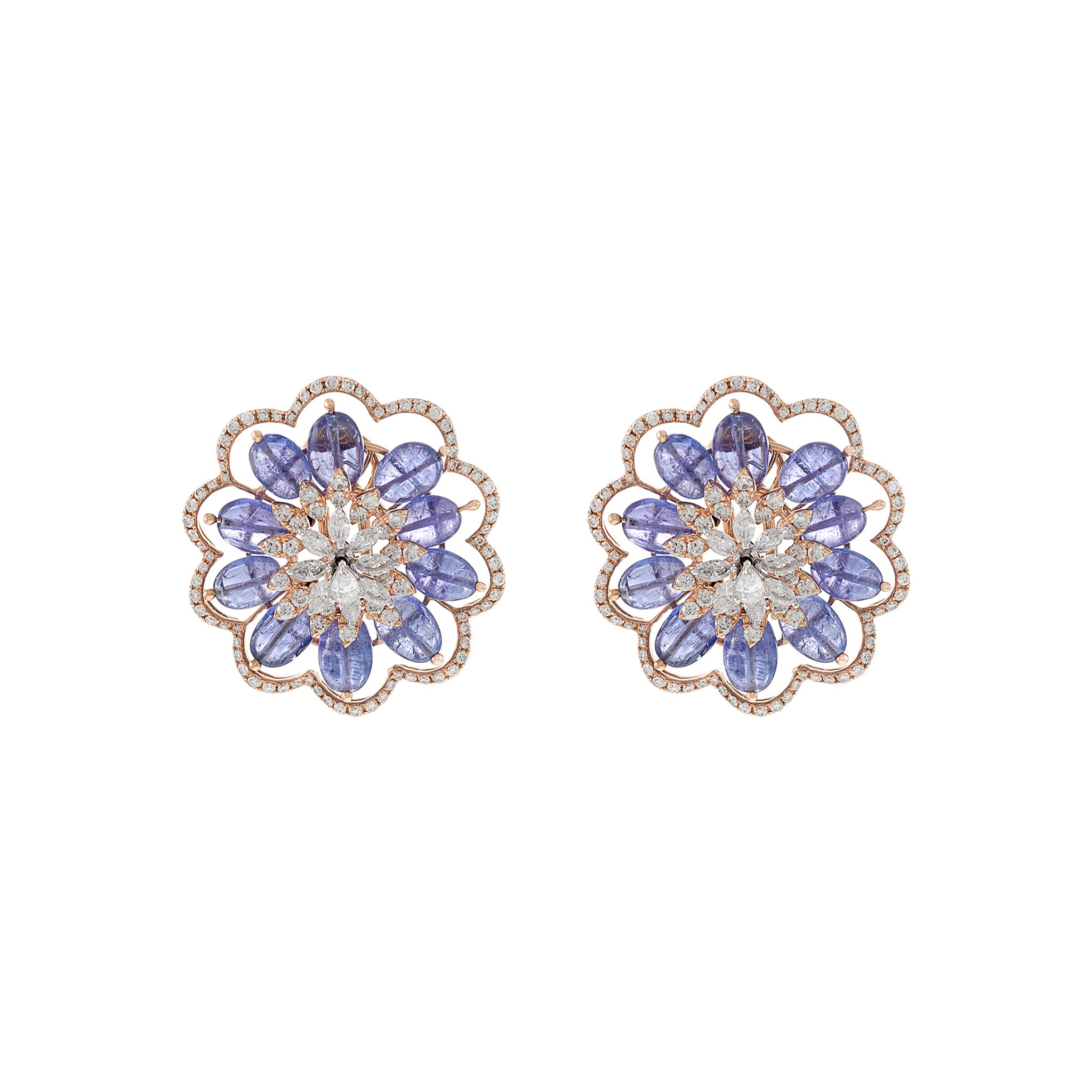 14KT Rose Gold Blue Tanzanite And Diamond Flower Earrings