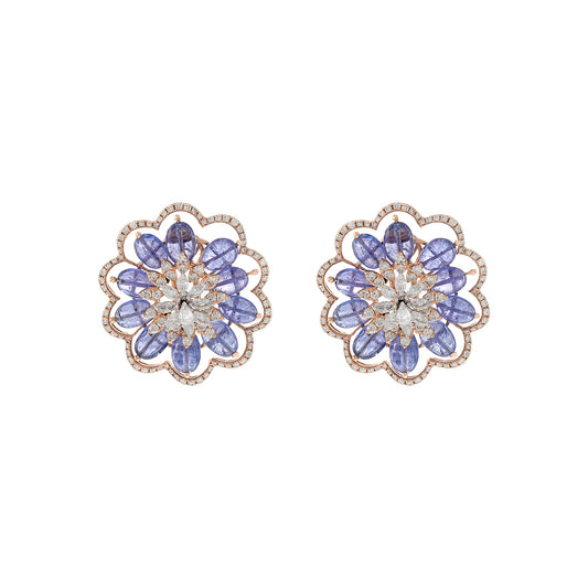 14KT Rose Gold Blue Tanzanite and Diamond Flower Earrings