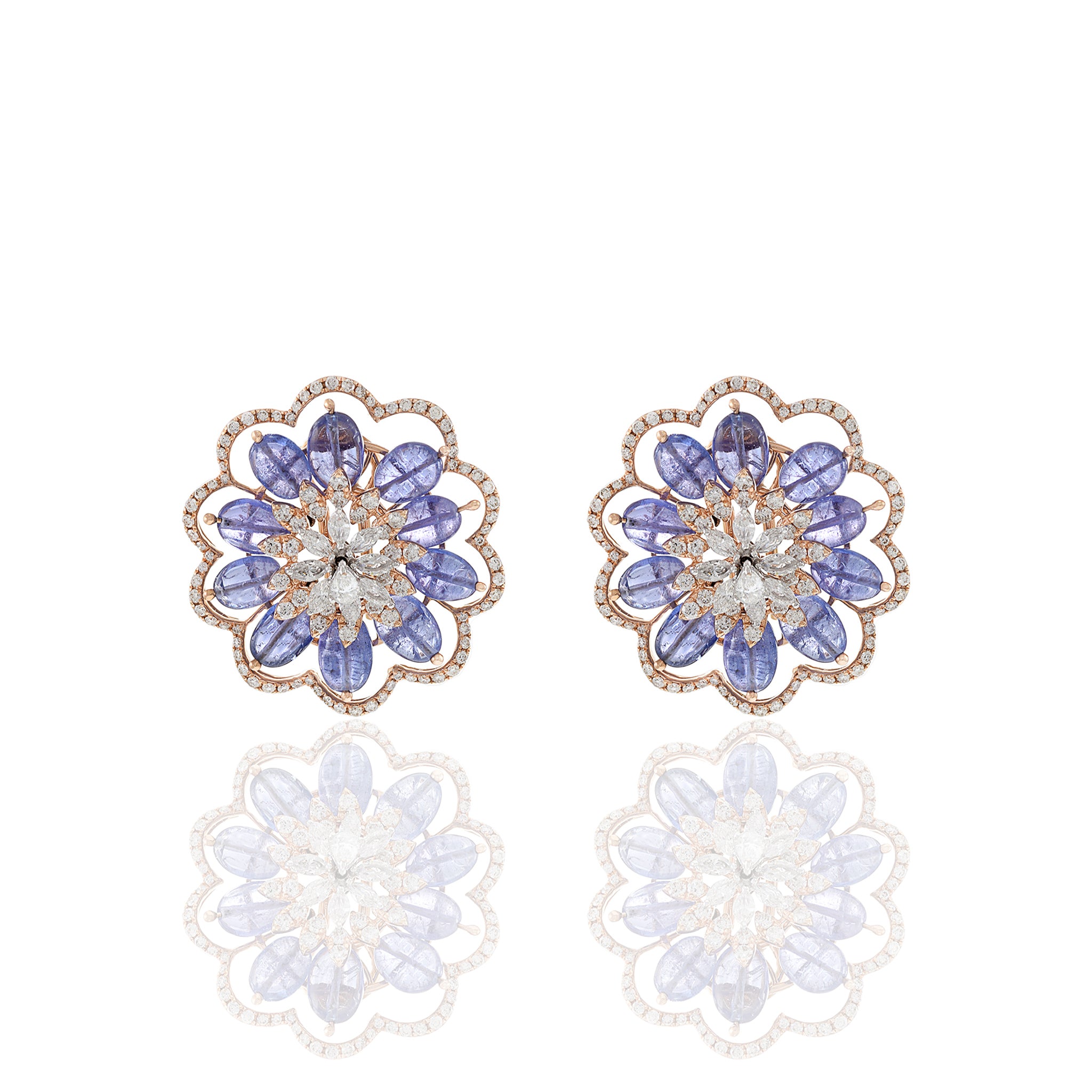 14KT Rose Gold Blue Tanzanite And Diamond Flower Earrings