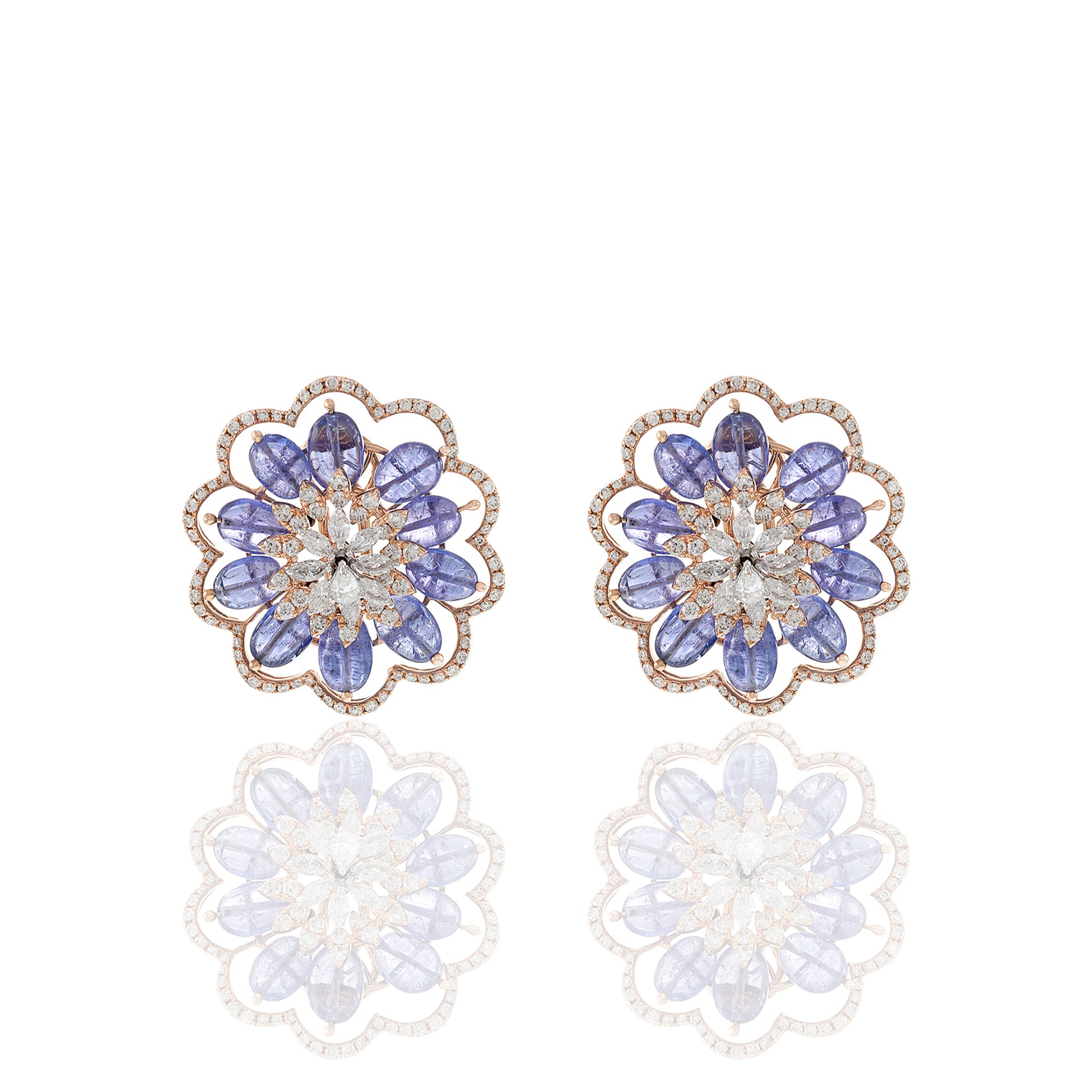 14KT Rose Gold Blue Tanzanite And Diamond Flower Earrings