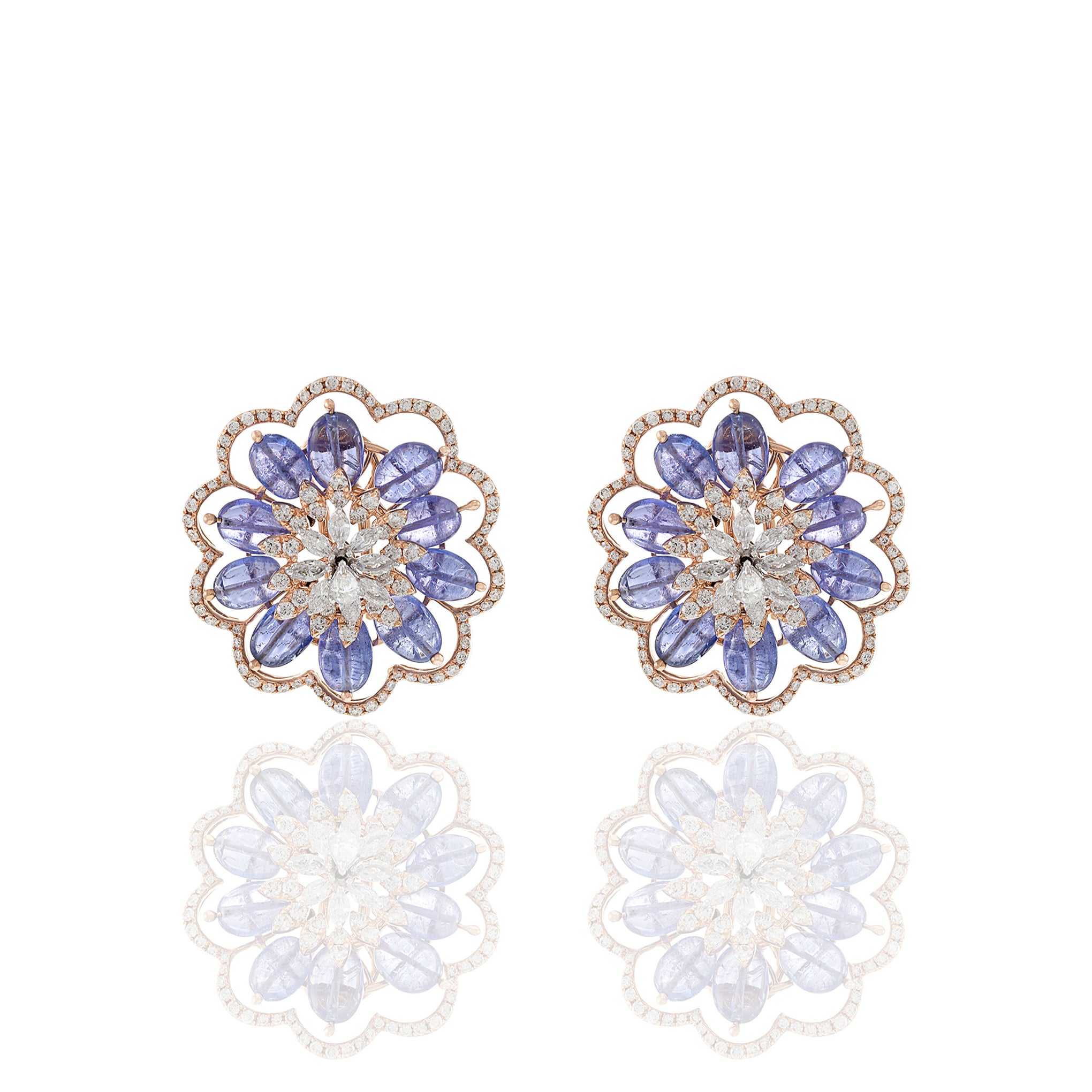 14KT Rose Gold Blue Tanzanite And Diamond Flower Earrings