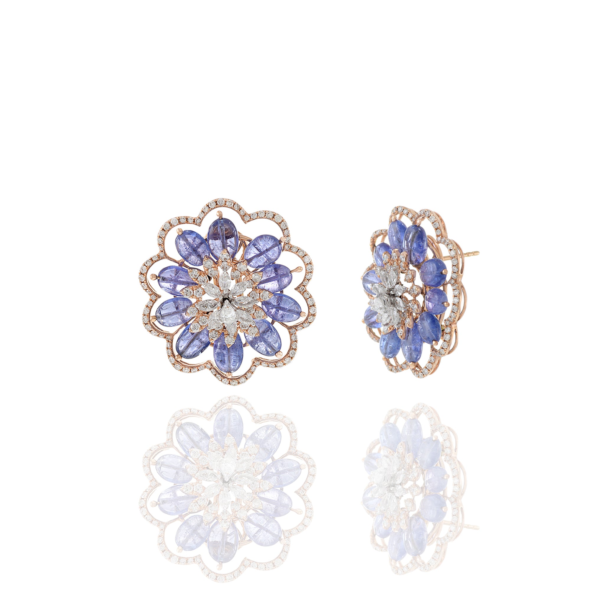 14KT Rose Gold Blue Tanzanite And Diamond Flower Earrings