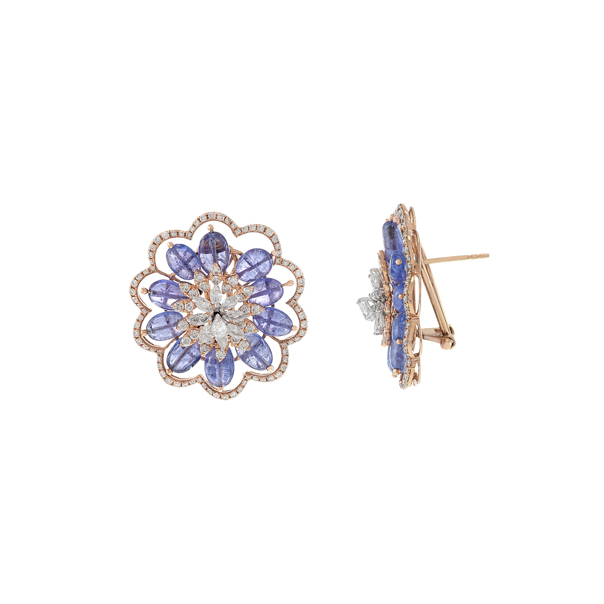 14KT Rose Gold Blue Tanzanite And Diamond Flower Earrings