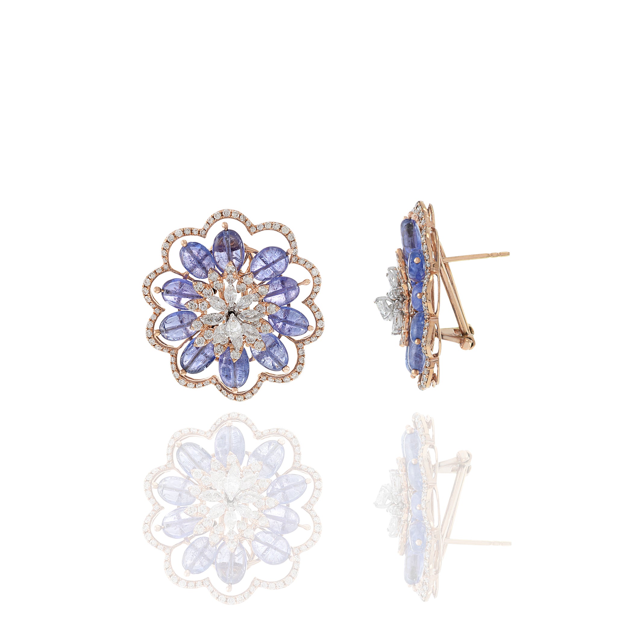 14KT Rose Gold Blue Tanzanite And Diamond Flower Earrings