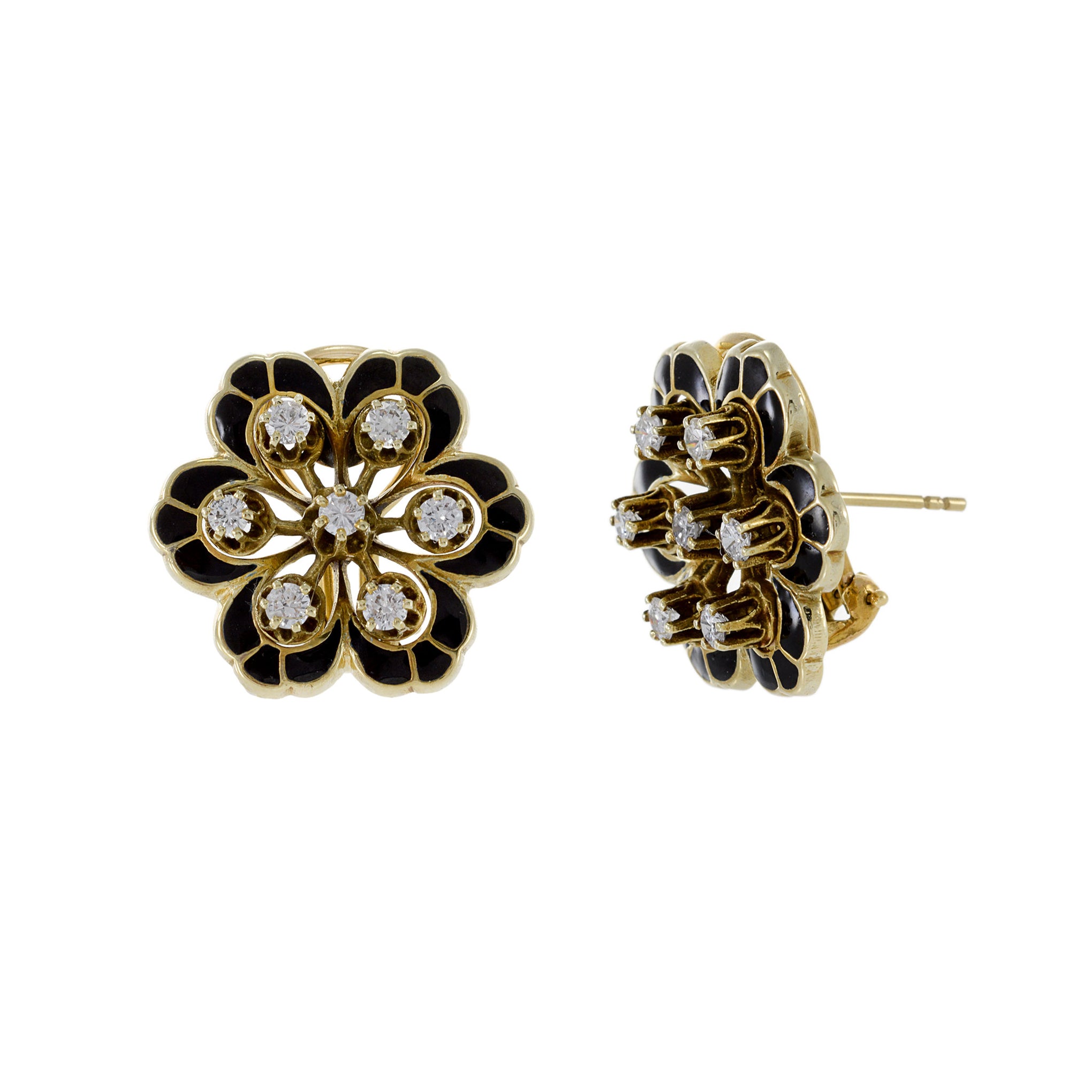 Vintage 1960s 14KT Yellow Gold Enamel and Diamond Flower Earrings