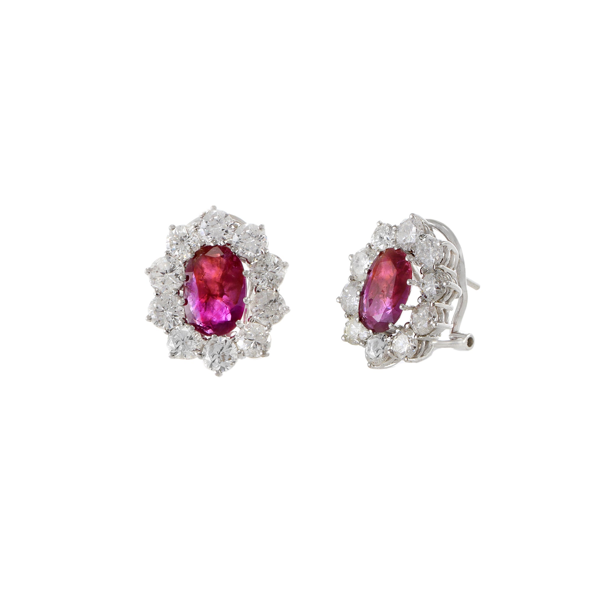 14KT White Gold Oval Burmese Ruby And Diamond Earrings