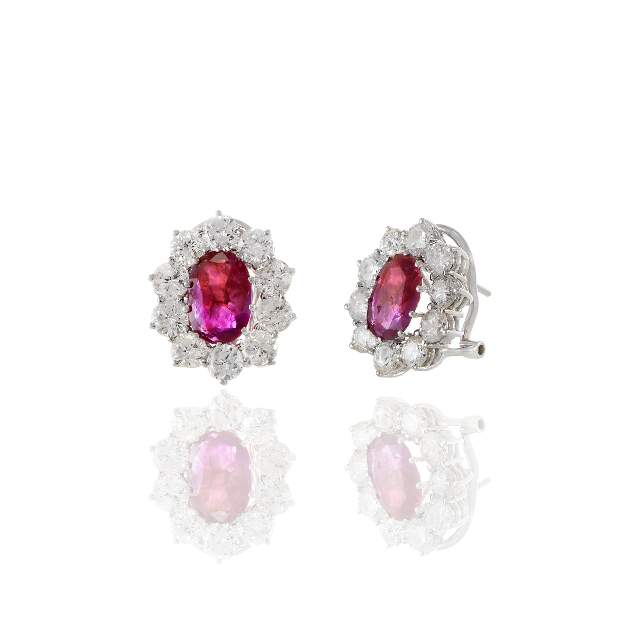 14KT White Gold Oval Burmese Ruby And Diamond Earrings