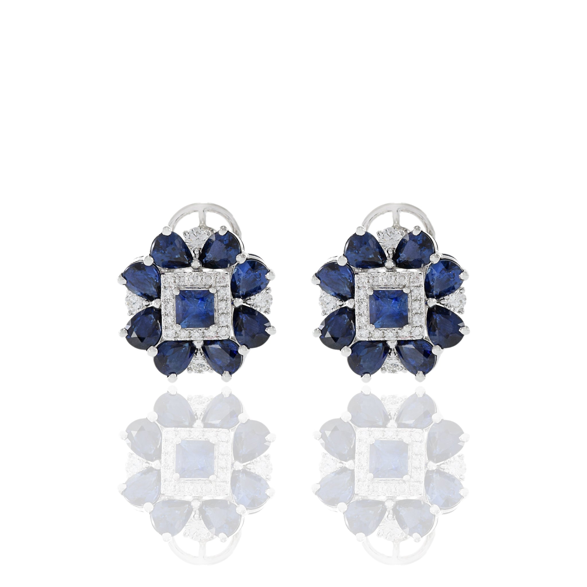 14KT White Gold Blue Sapphire And Diamond Flower Earrings