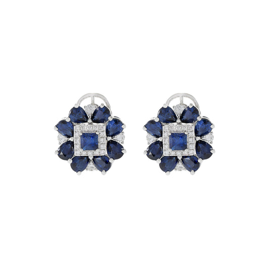 14KT White Gold Blue Sapphire And Diamond Flower Earrings