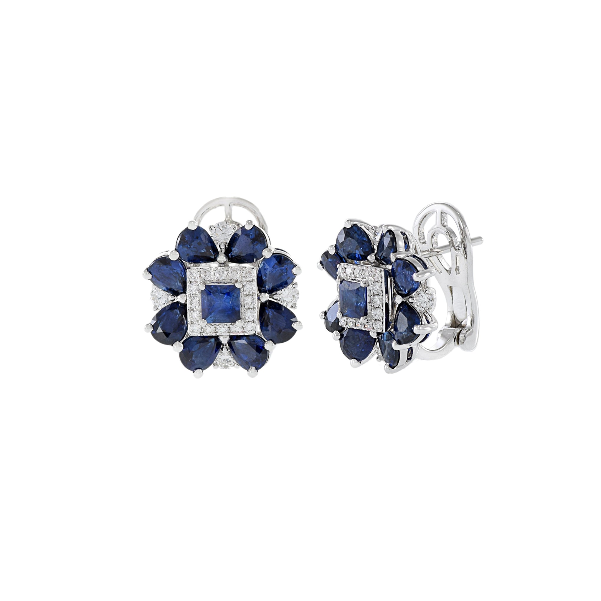 14KT White Gold Blue Sapphire And Diamond Flower Earrings