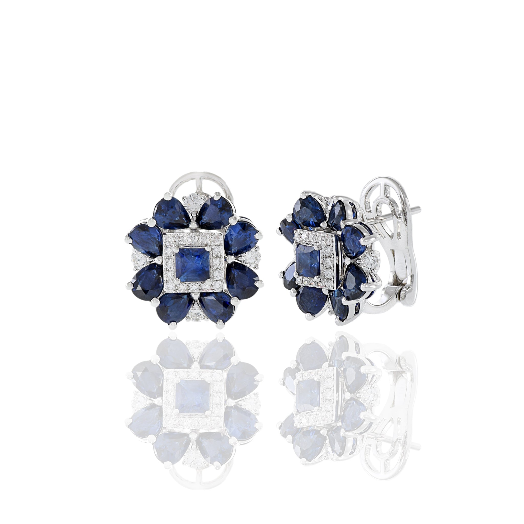 14KT White Gold Blue Sapphire And Diamond Flower Earrings