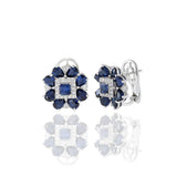 14KT White Gold Blue Sapphire And Diamond Flower Earrings