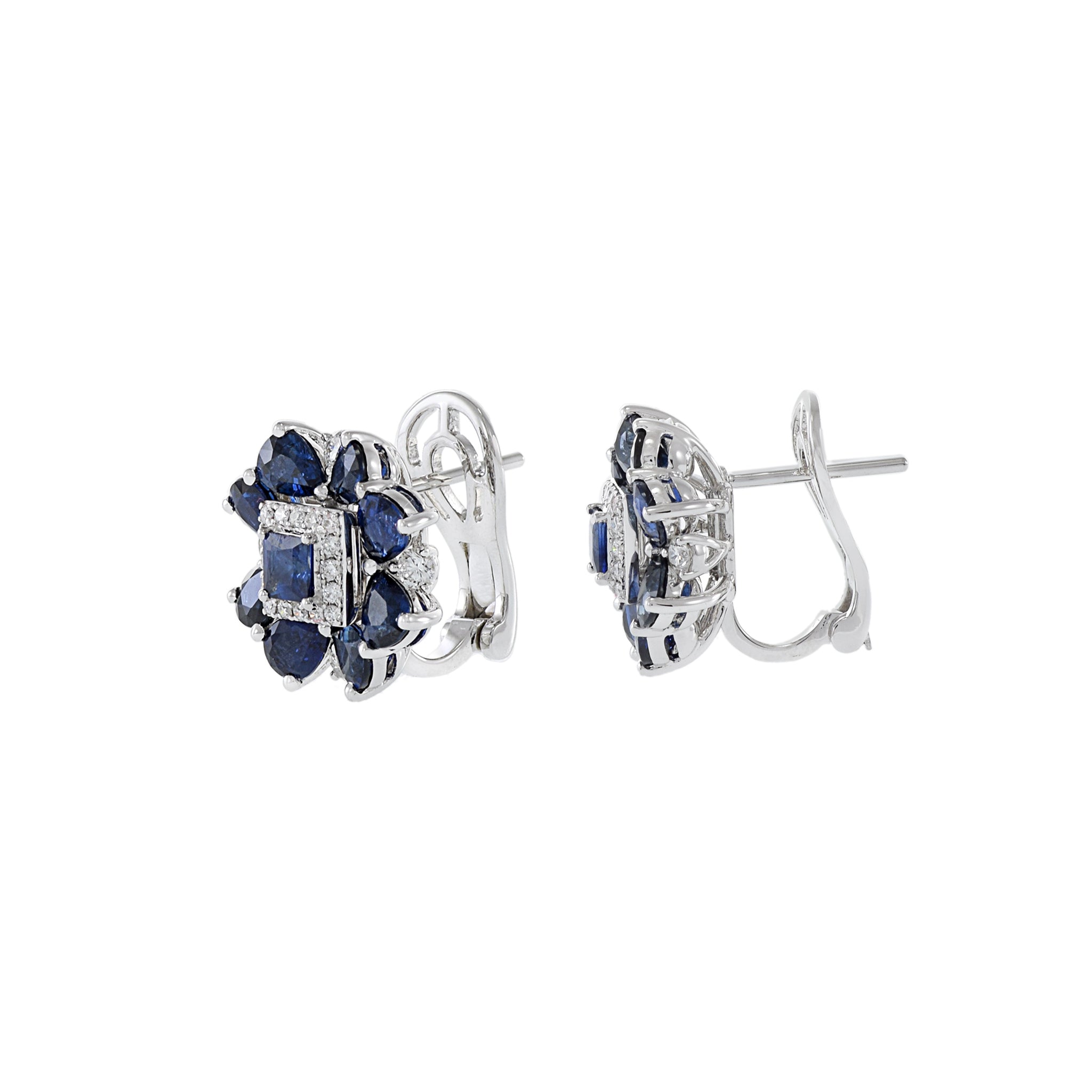 14KT White Gold Blue Sapphire And Diamond Flower Earrings