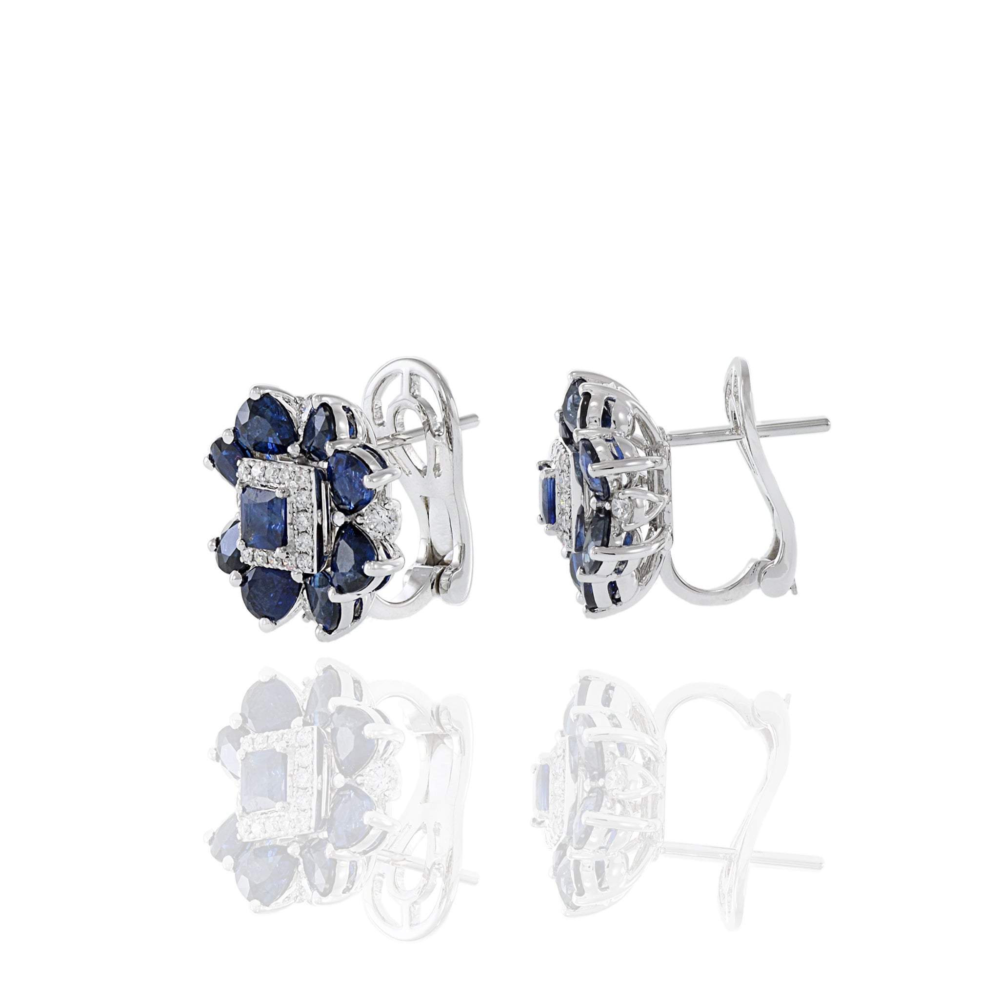 14KT White Gold Blue Sapphire And Diamond Flower Earrings