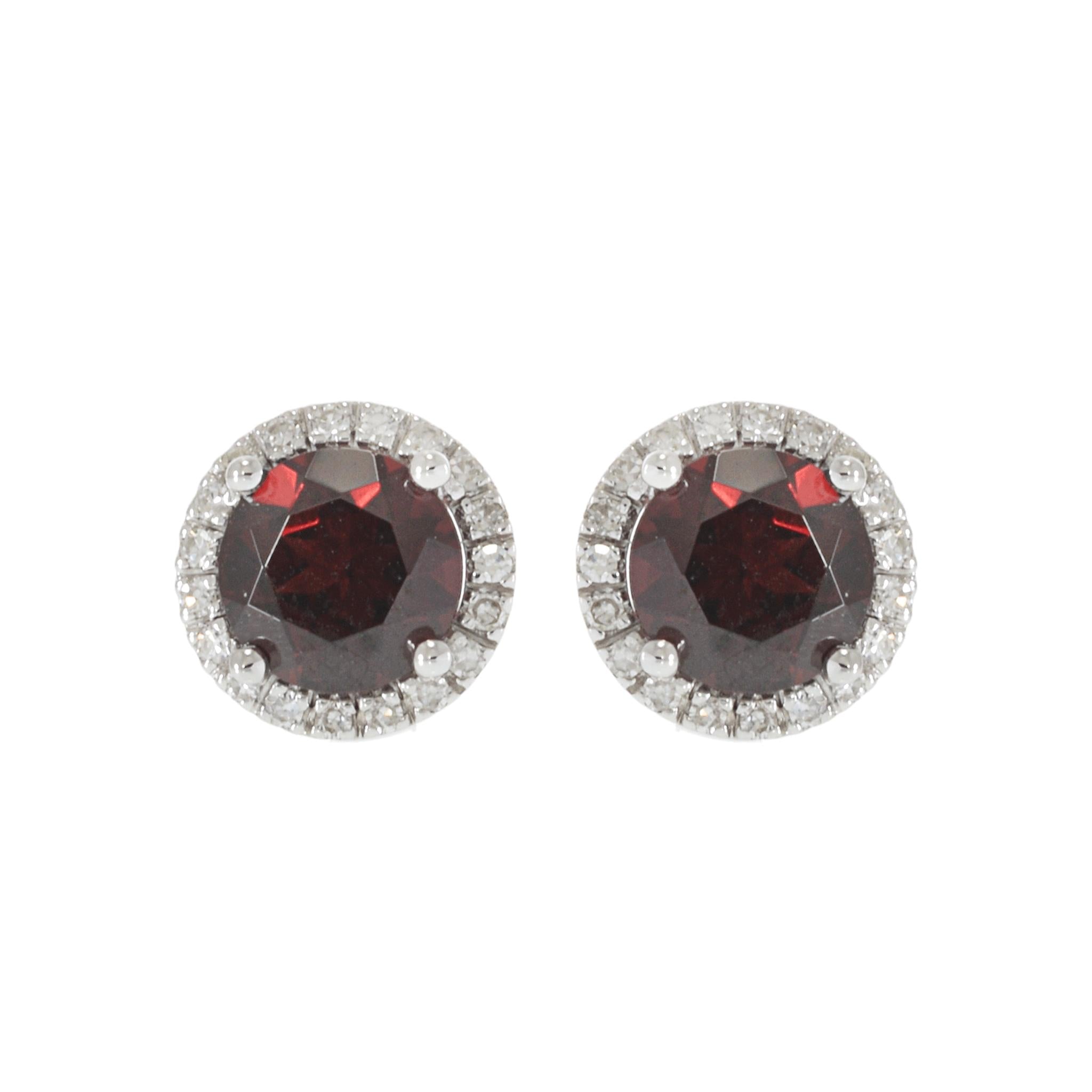 14KT White Gold Garnet and Diamond Halo Stud Earrings
