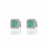 14KT White Gold Emerald and Diamond Halo Earrings